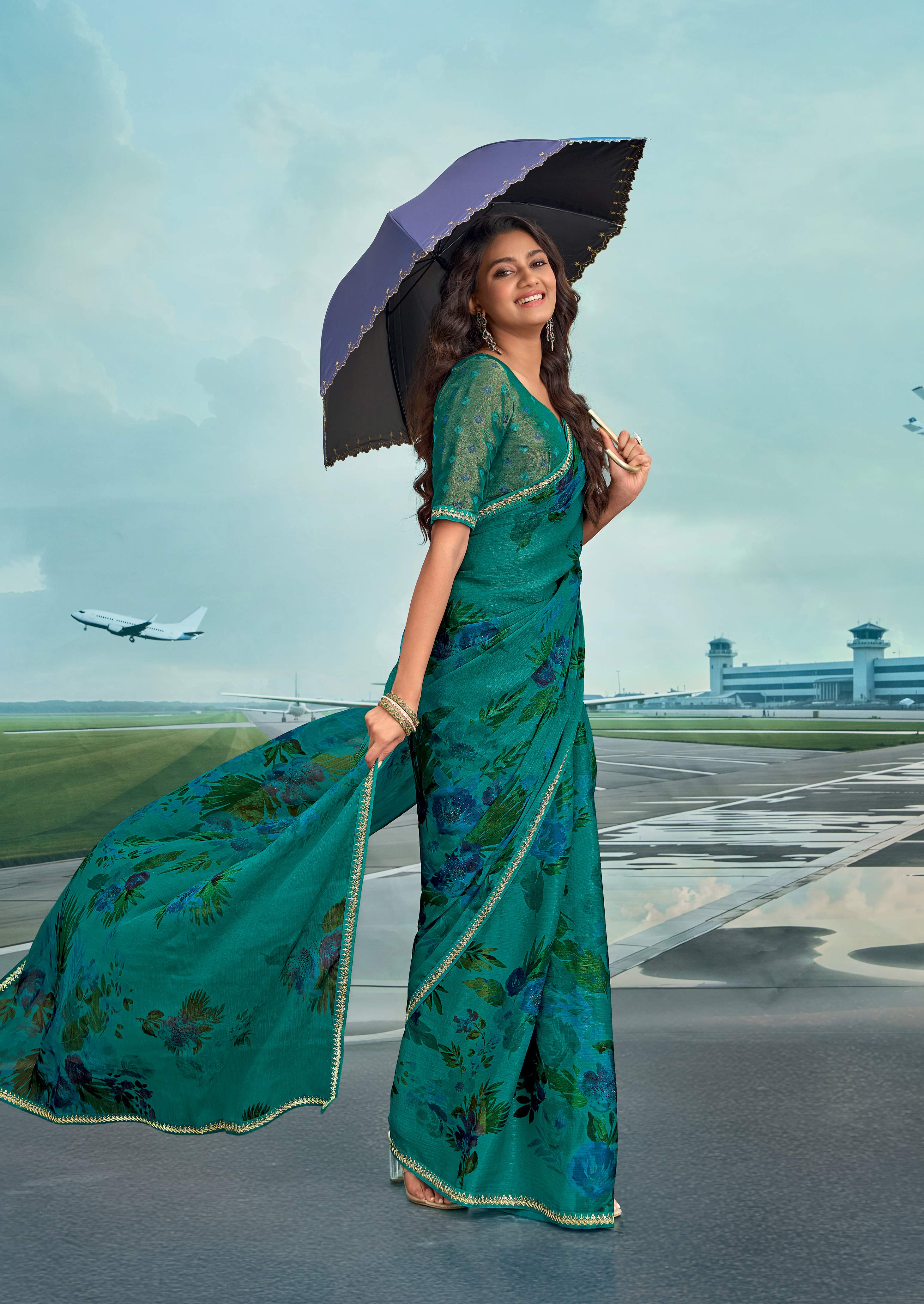 Laxmipati Raadhika Teal Blue Floral Print Chiffon Saree