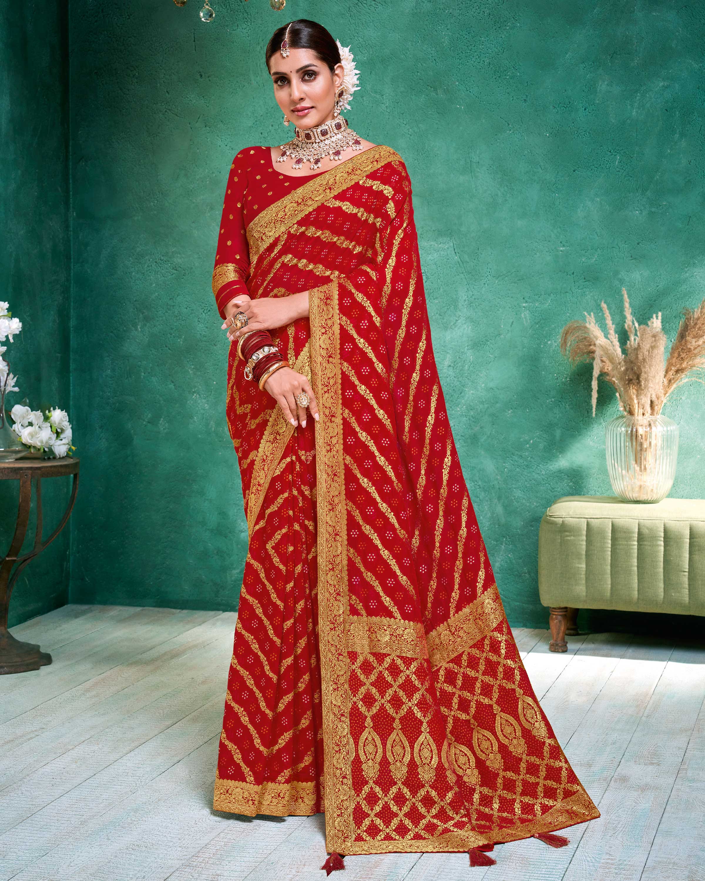 Laxmipati Red Chiffon with Golden Jacquard Weave Saree