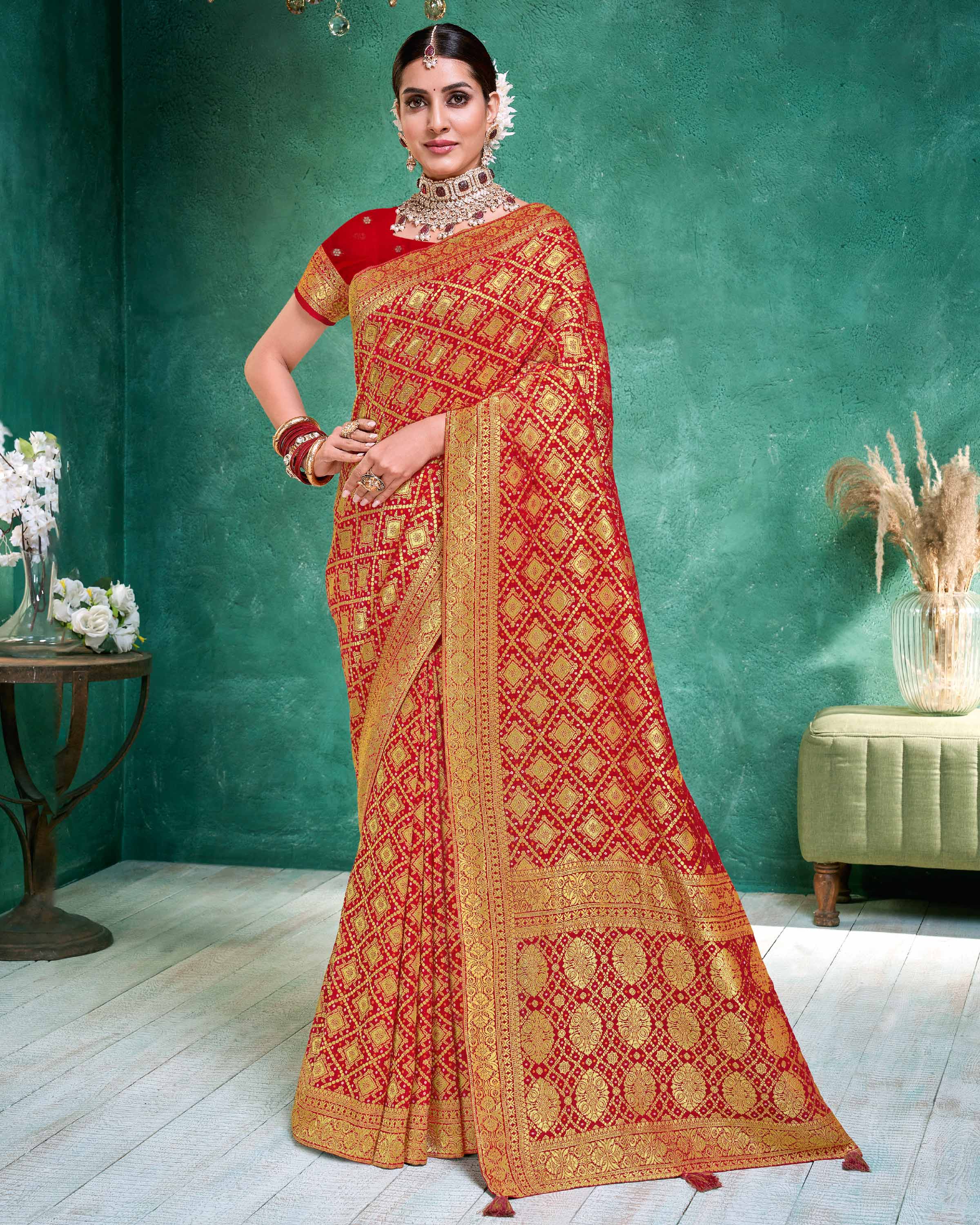 Laxmipati Red Chiffon with Golden Jacquard Weave Saree