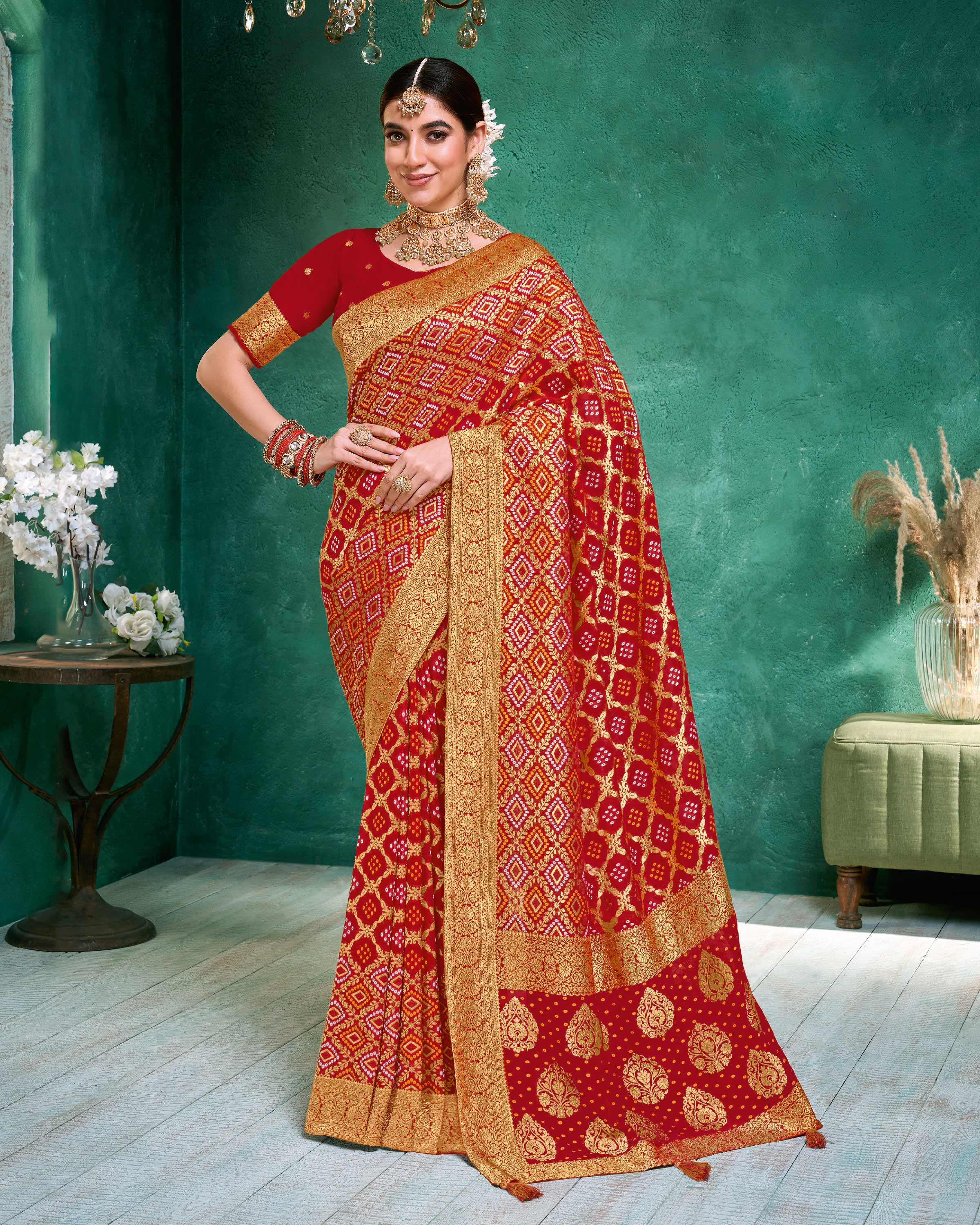 Laxmipati Red Chiffon with Golden Jacquard Weave Saree