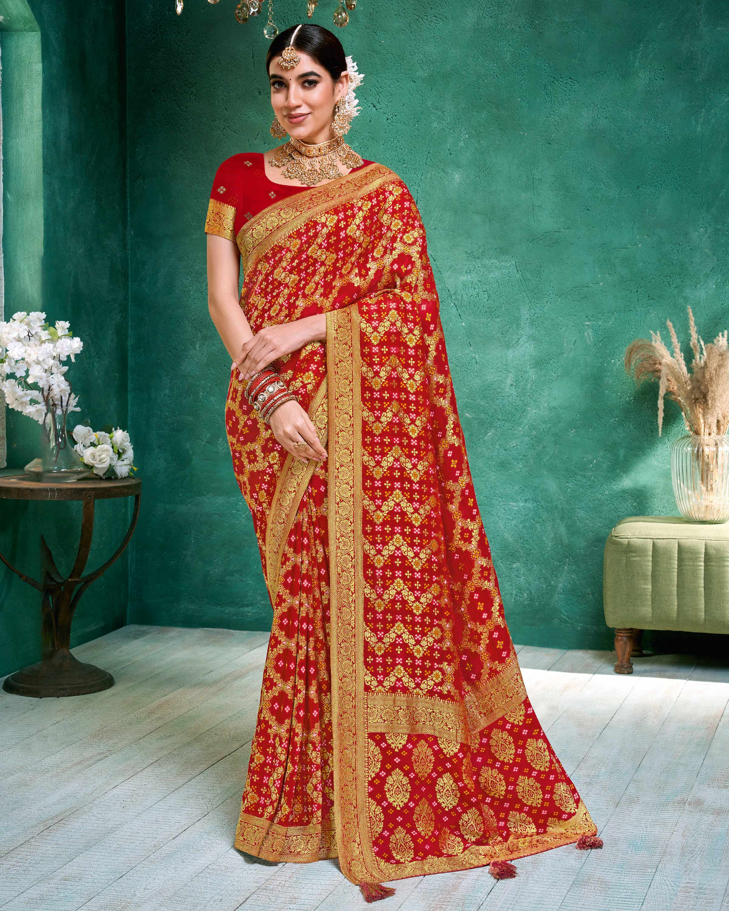 Laxmipati Red Chiffon with Golden Jacquard Weave Saree