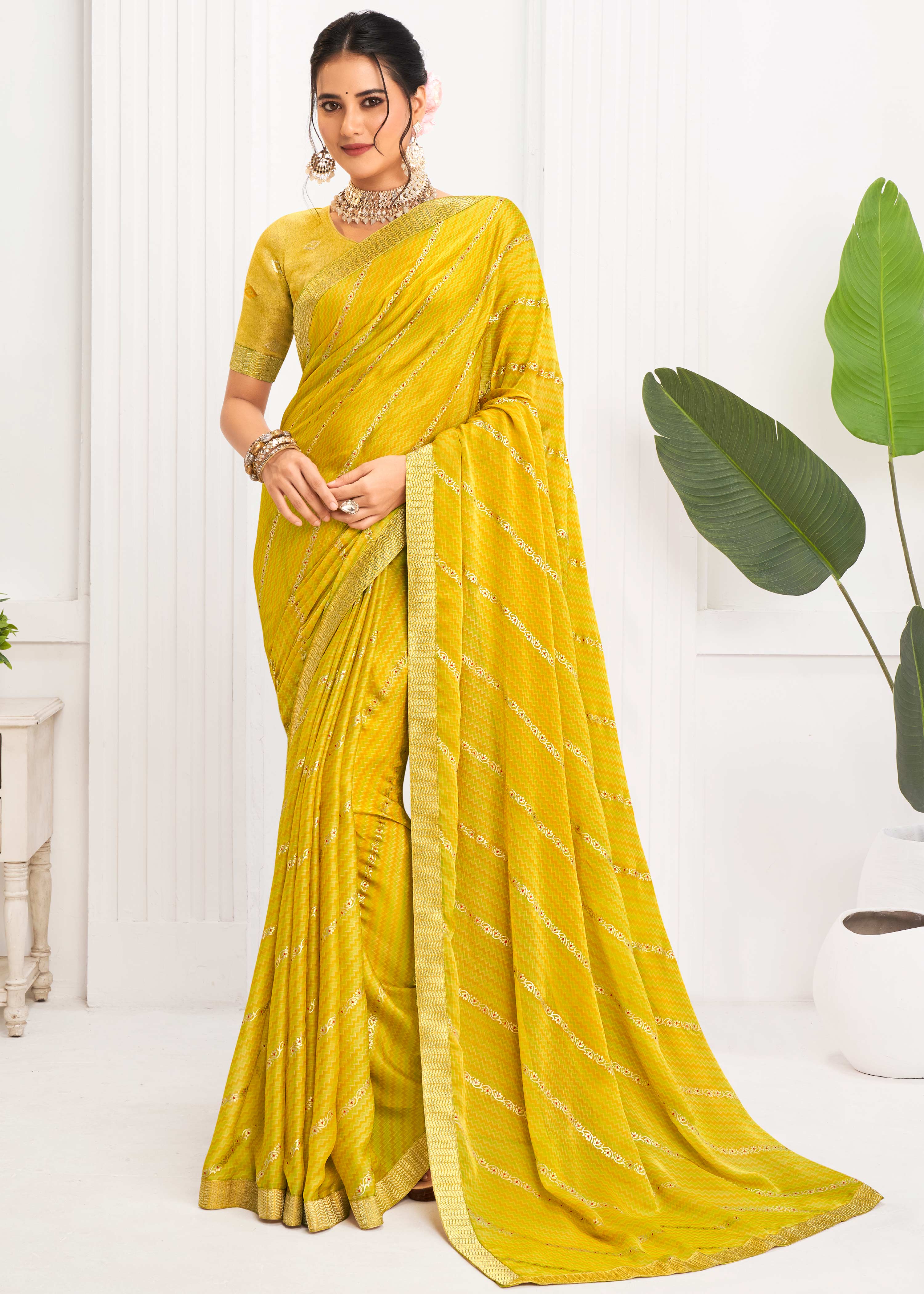 Laxmipati Alia Ochre Yellow Silk with Chevron Foil Work