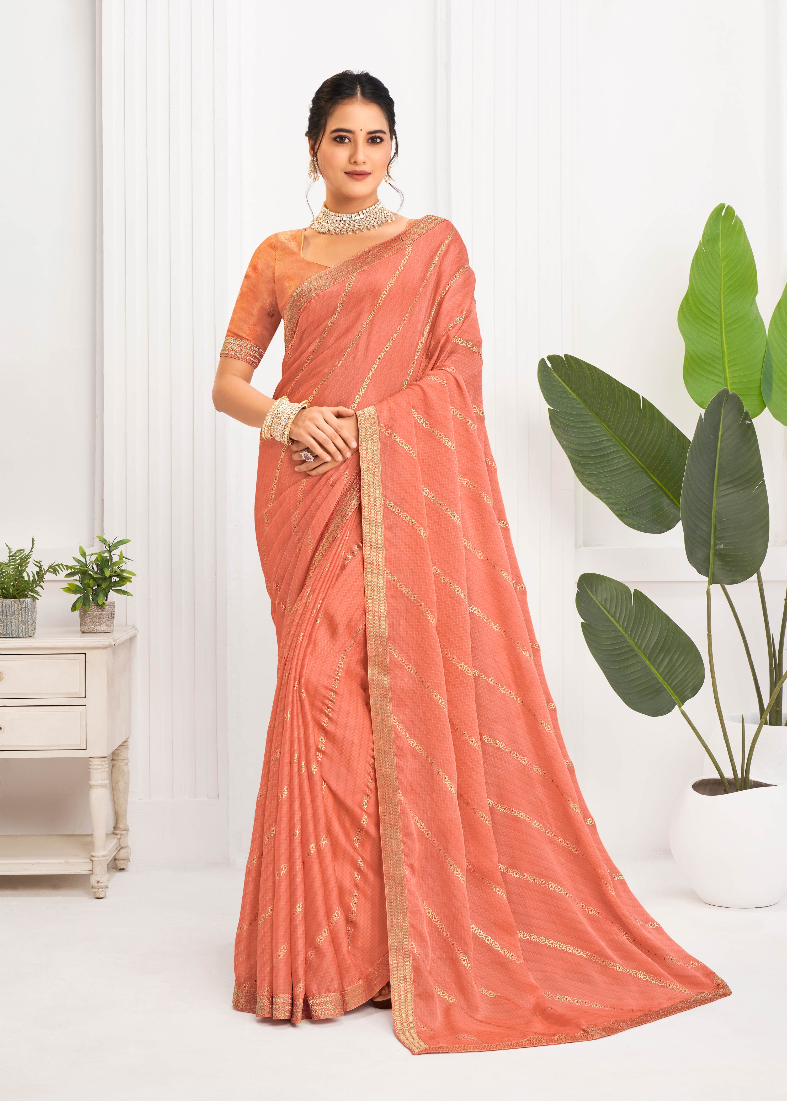 Laxmipati Alia Peach Silk with Chevron Foil Work