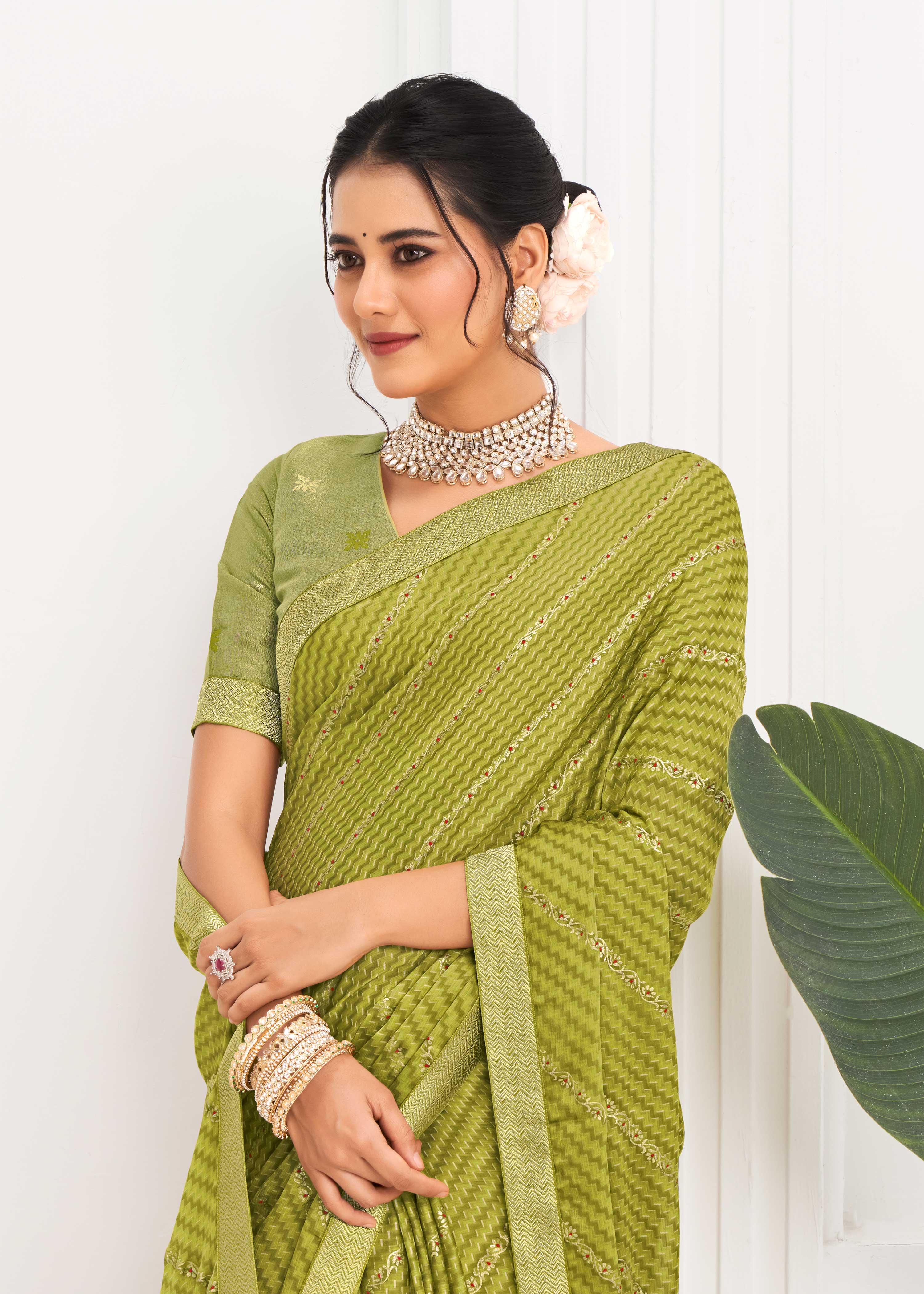Laxmipati Alia Green Silk with Chevron Foil Work