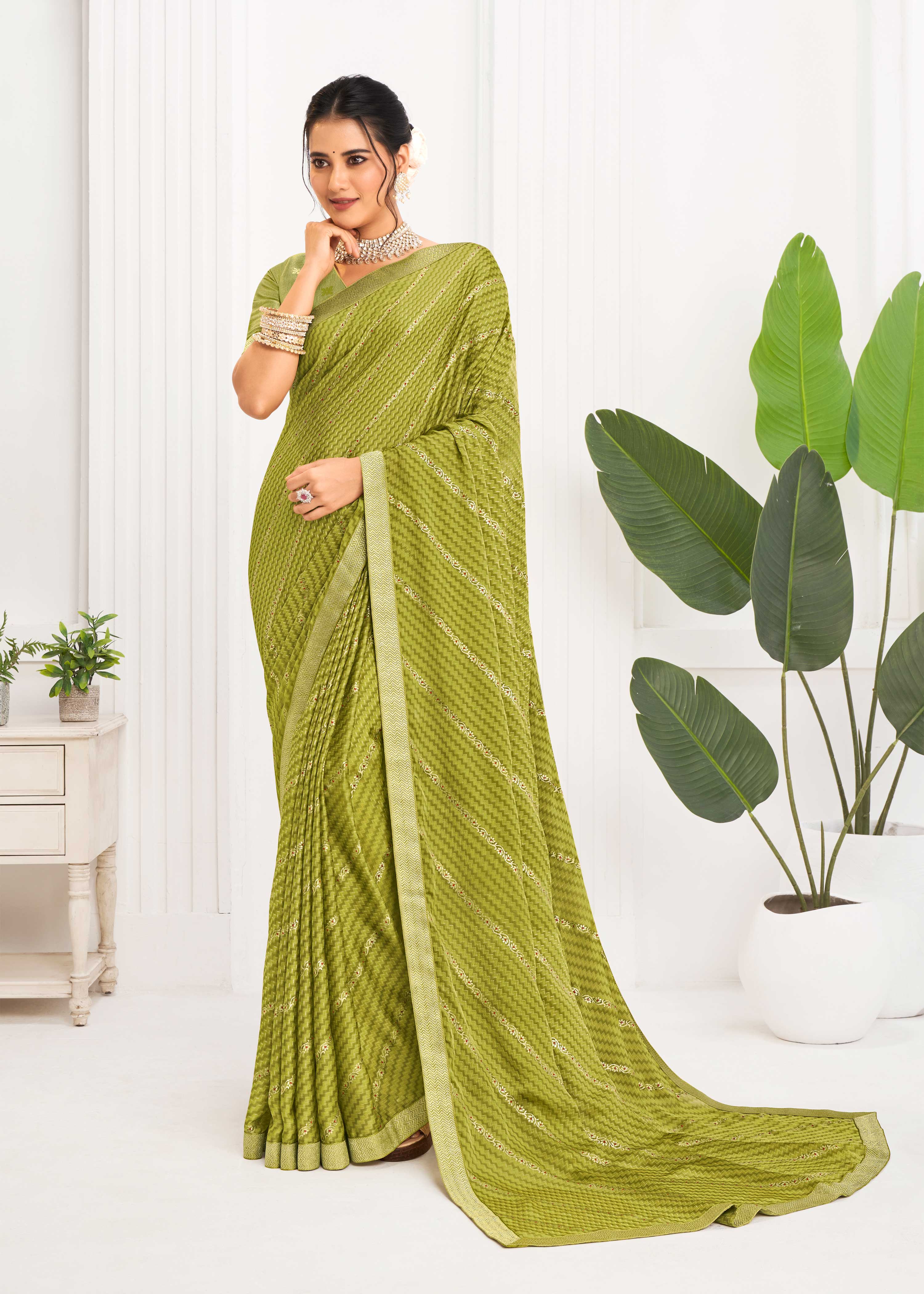 Laxmipati Alia Green Silk with Chevron Foil Work