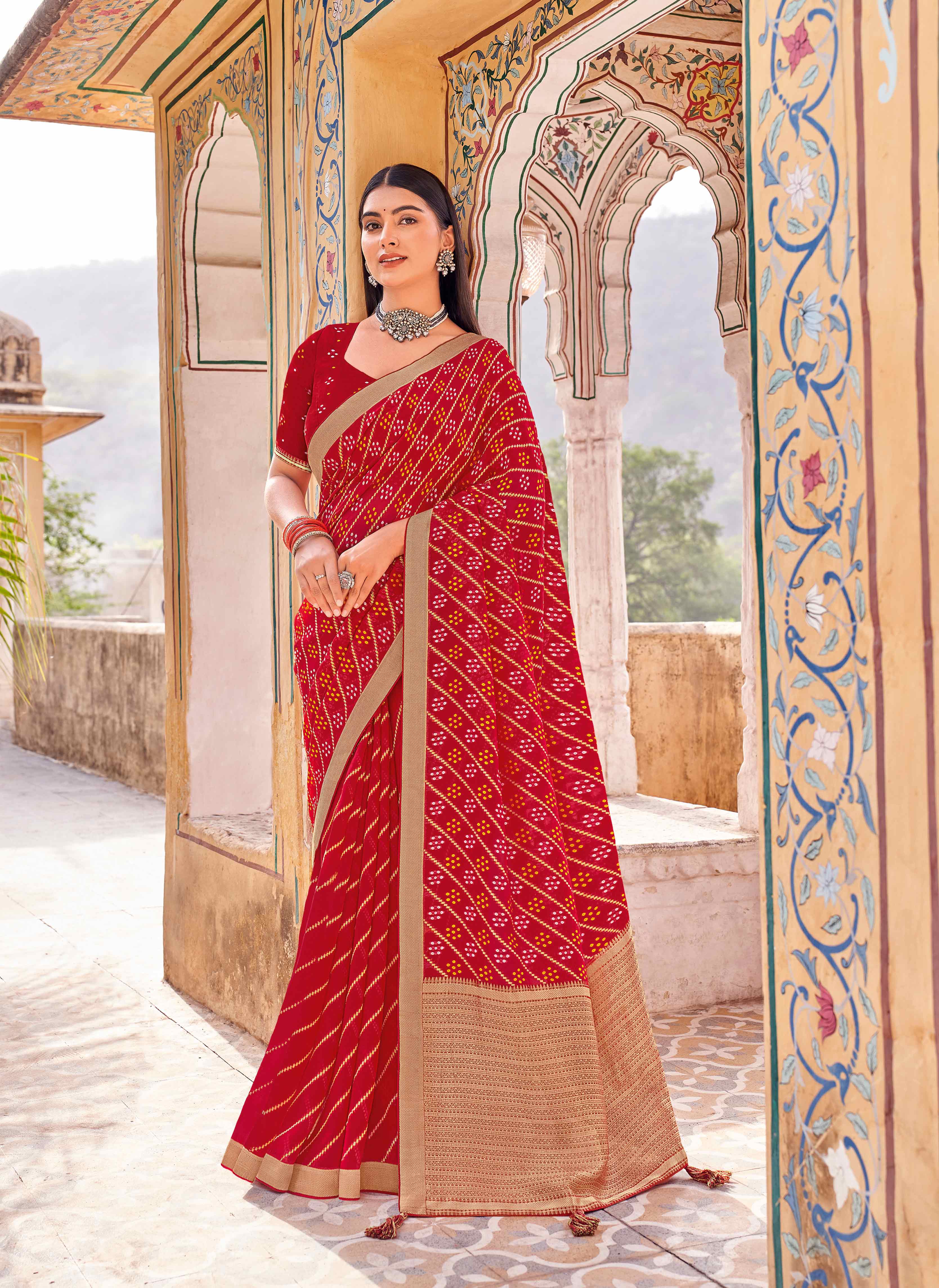 Laxmipati Udan Pari Red Bandhani Printed Georgette Saree
