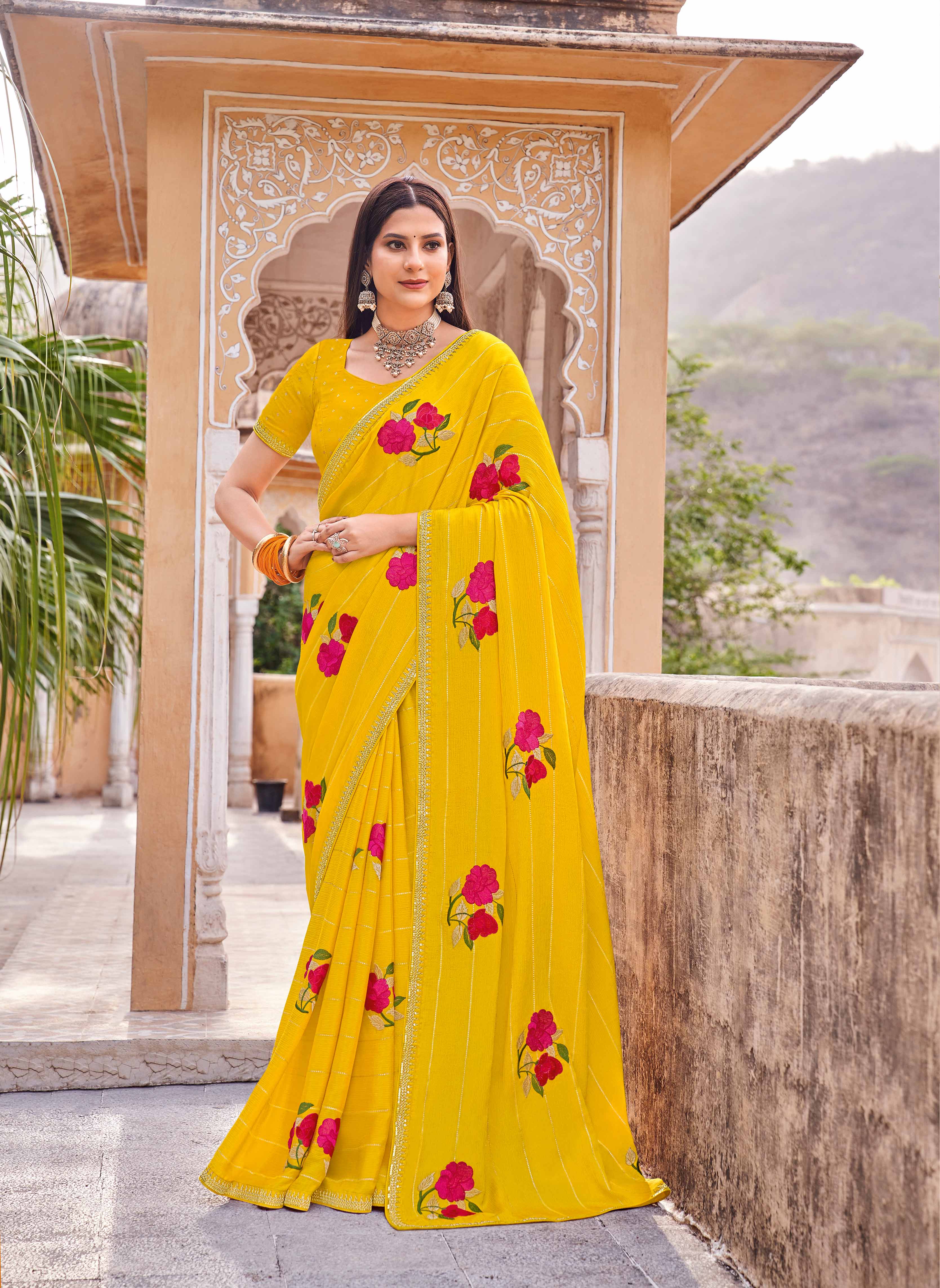 Laxmipati Udan Pari Yellow Floral Embroidered Chiffon Saree