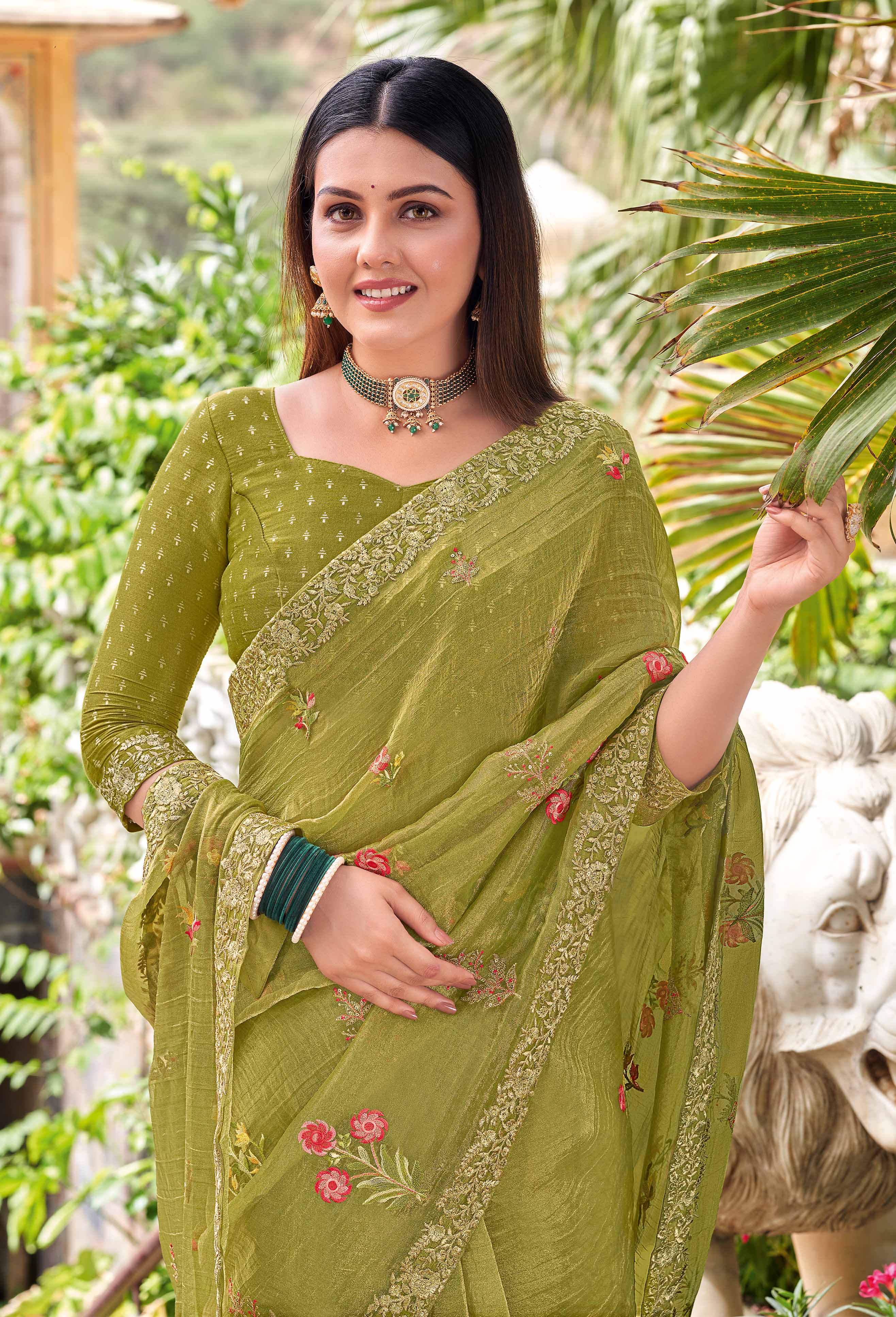 Laxmipati Udan Pari Olive Green Floral Embroidered Silk Saree