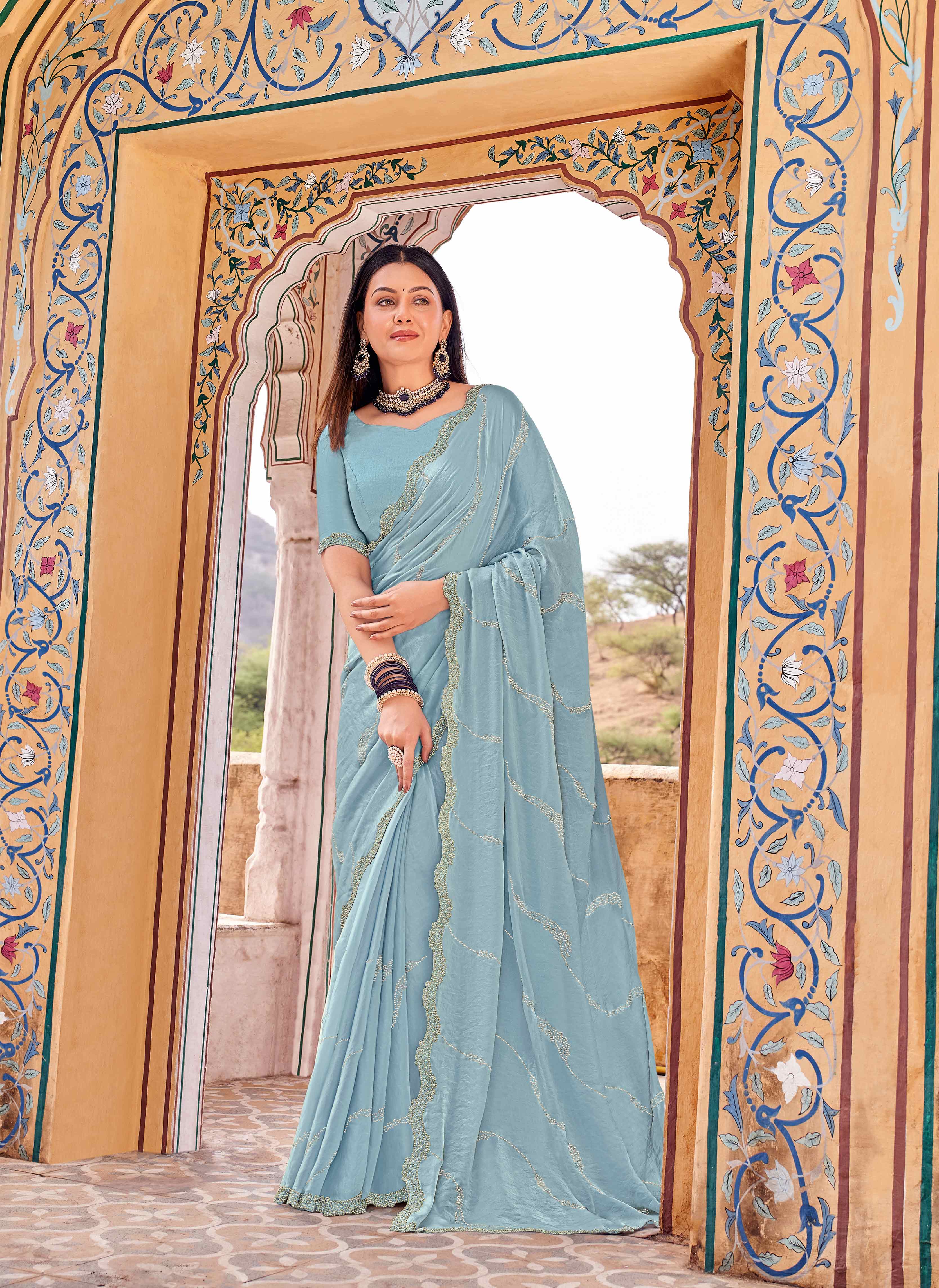 Laxmipati Udan Pari Blue Embroidered Tissue Organza Saree