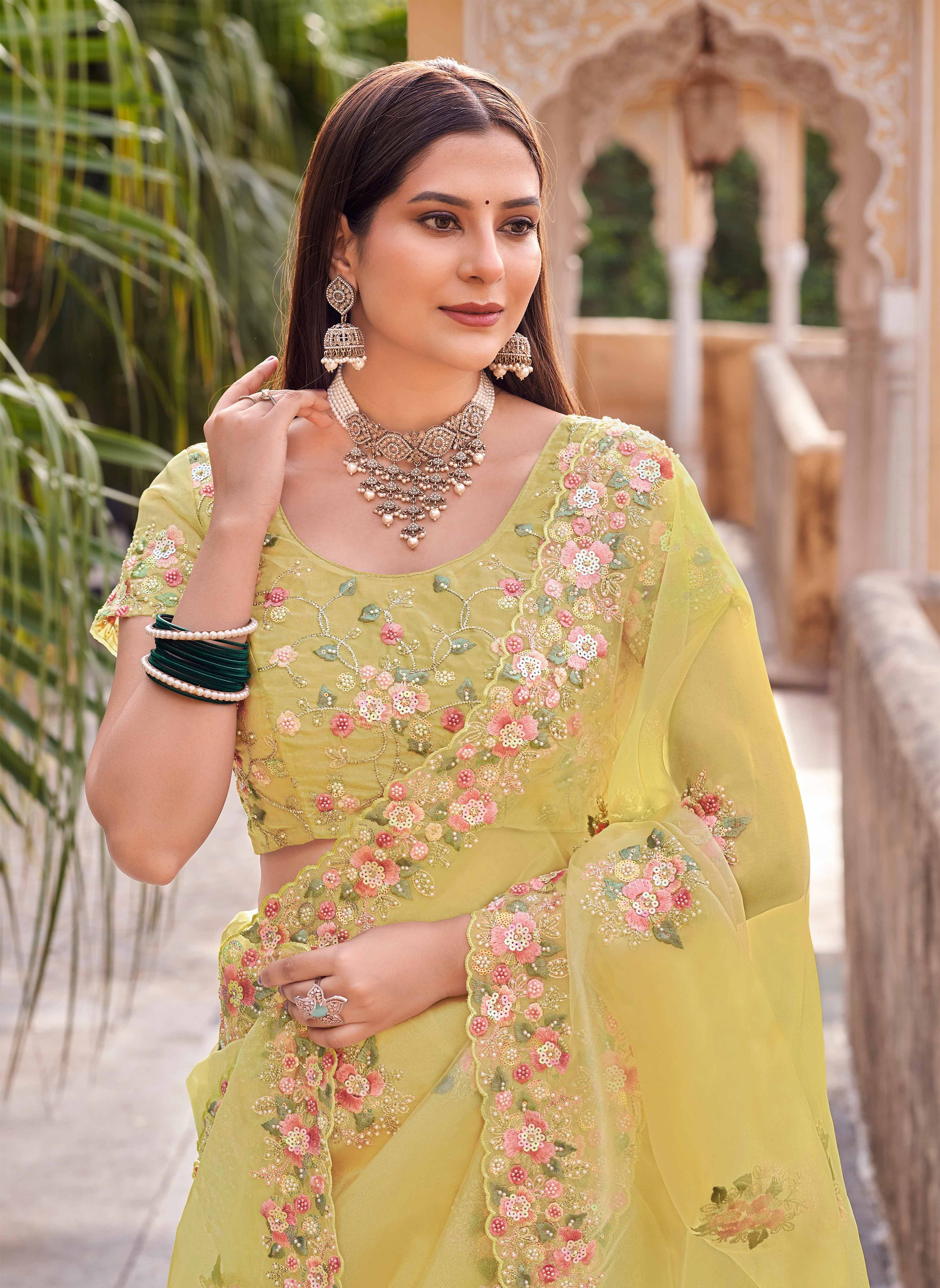 Laxmipati Udan Pari Yellow Floral Embroidered Tissue Organza Saree