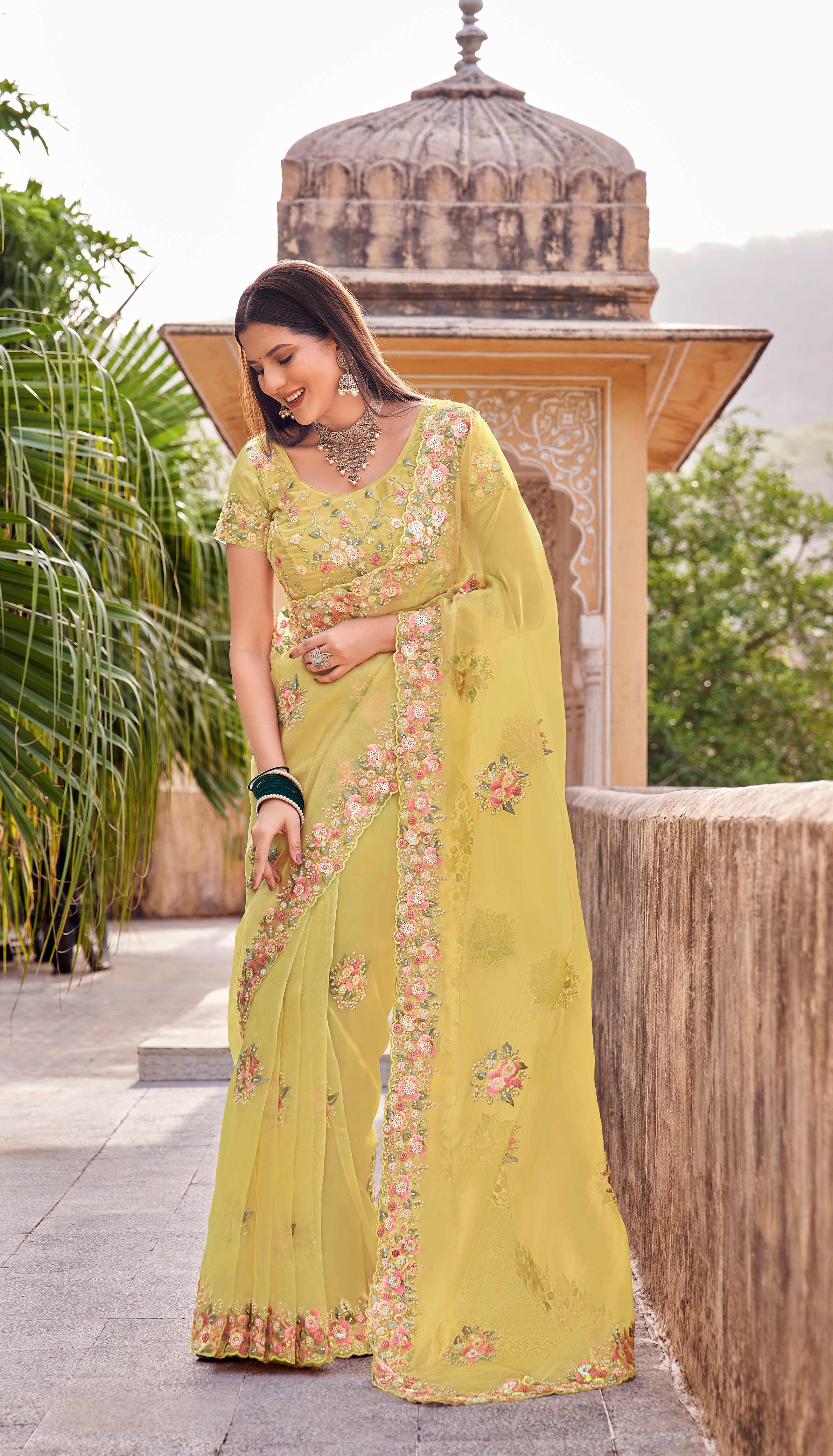 Laxmipati Udan Pari Yellow Floral Embroidered Tissue Organza Saree