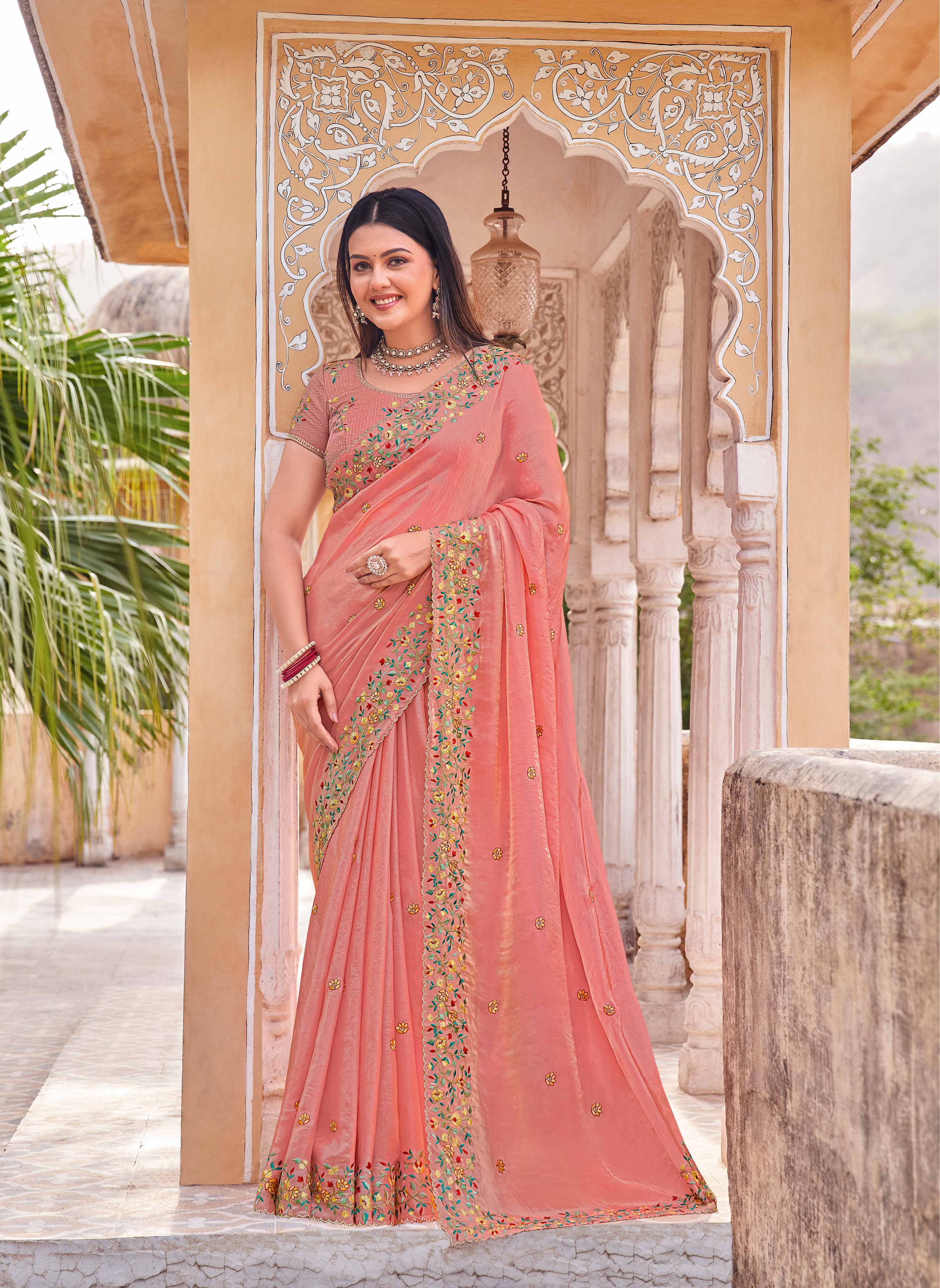 Laxmipati Udan Pari Pink Floral Embroidered Tissue Organza Saree