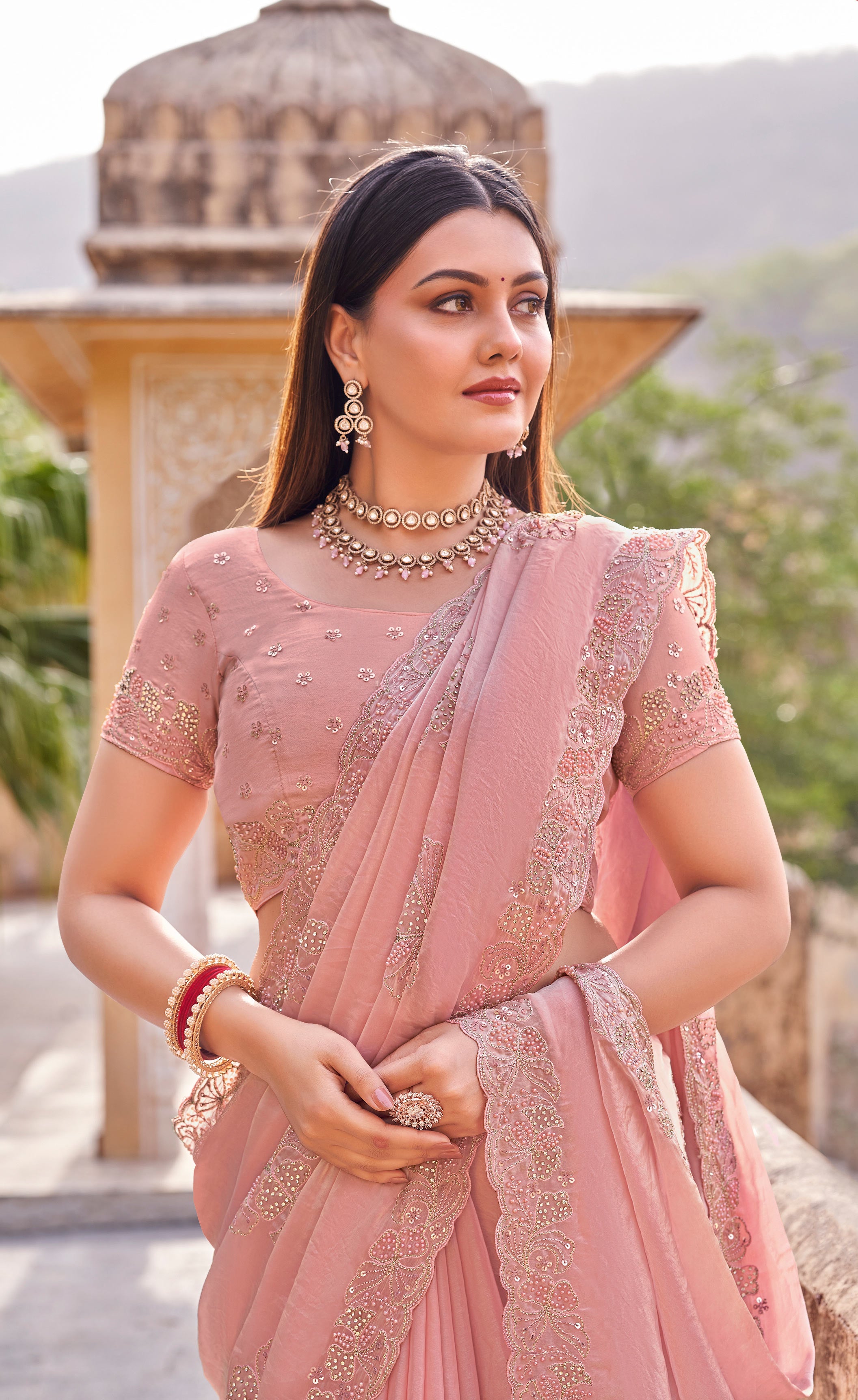 Laxmipati Udan Pari Pink Floral Embroidered Tissue Organza Saree