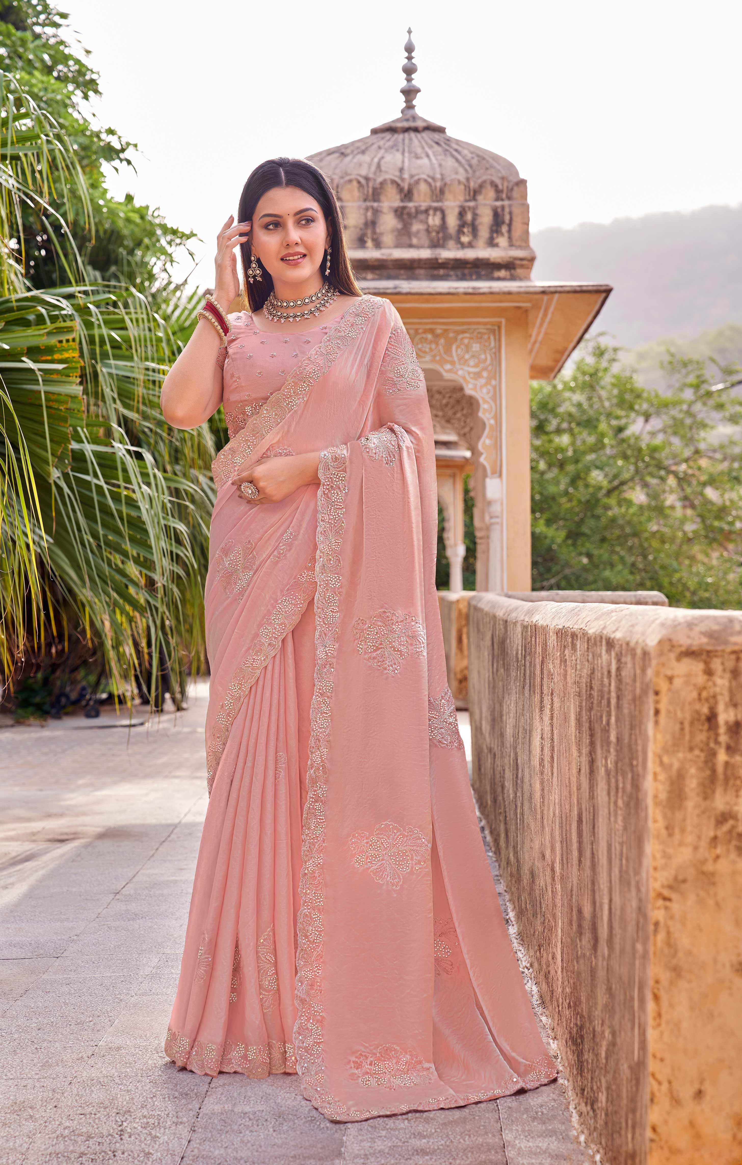 Laxmipati Udan Pari Pink Floral Embroidered Tissue Organza Saree