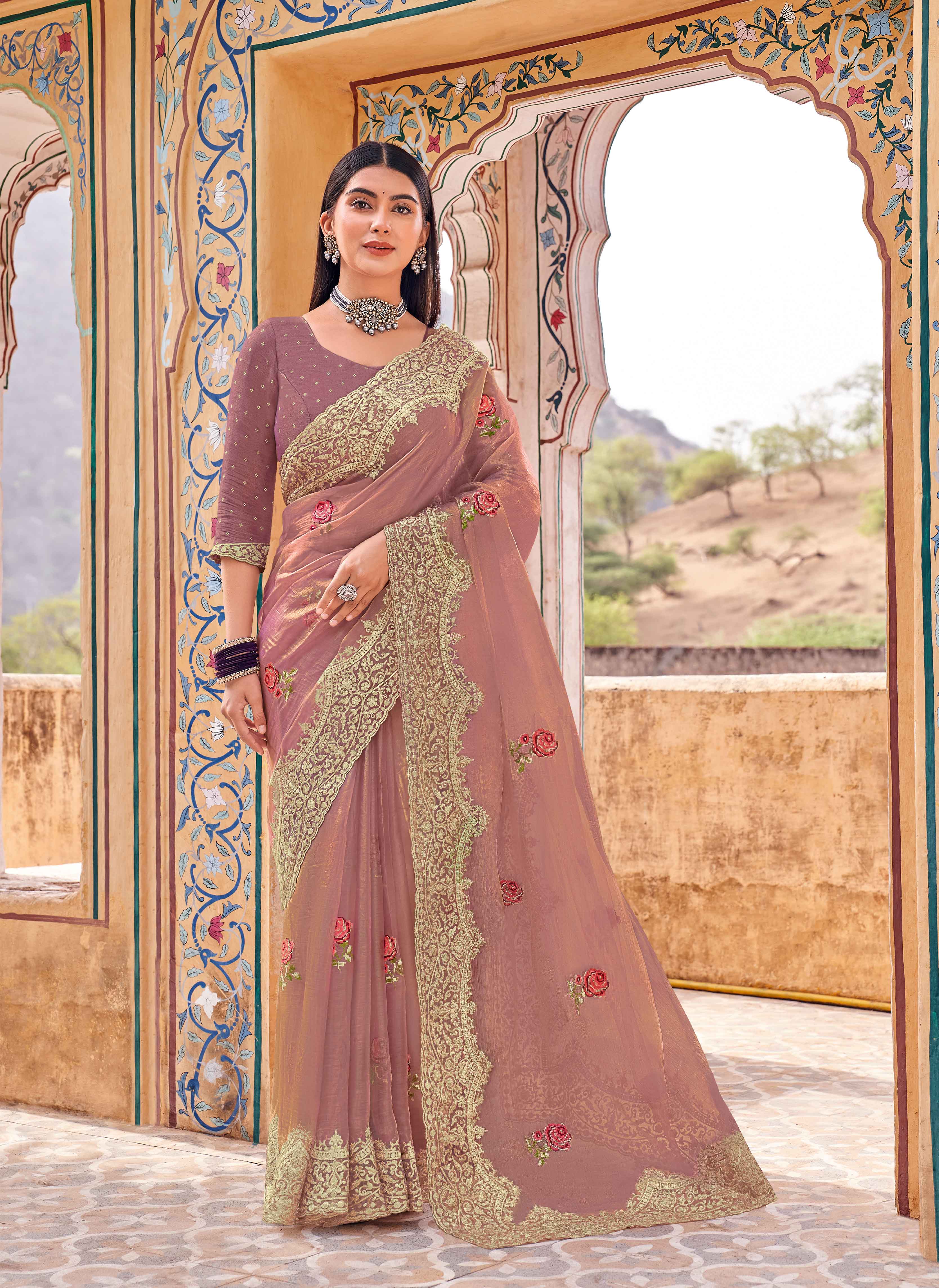 Laxmipati Udan Pari Purple Floral Embroidered Tissue Organza Saree