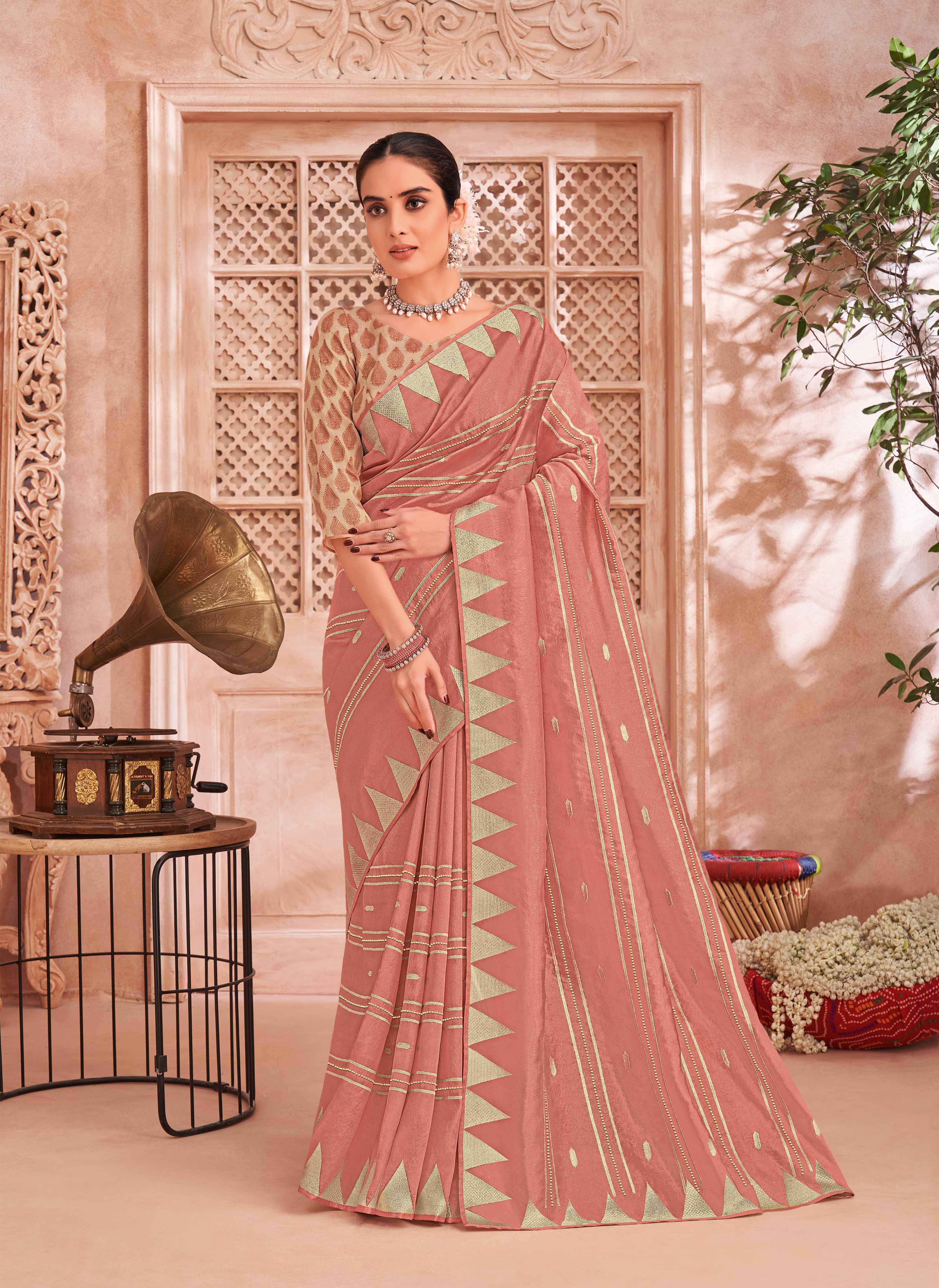 Laxmipati Udan Pari Peach Embroidered Tissue Organza Saree