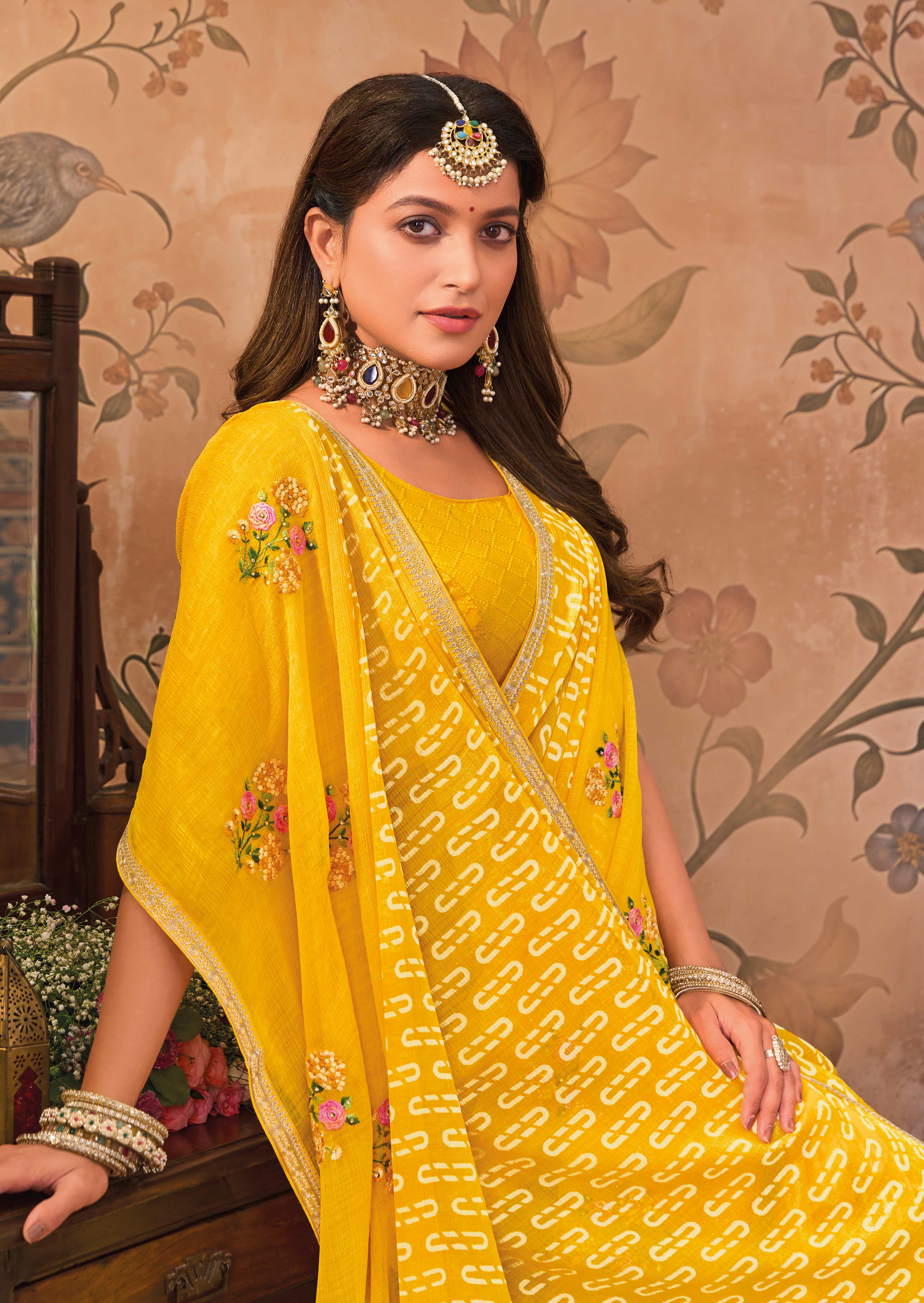Laxmipati Monaco Embellished Floral Embroidered Chiffon Saree in Yellow Color