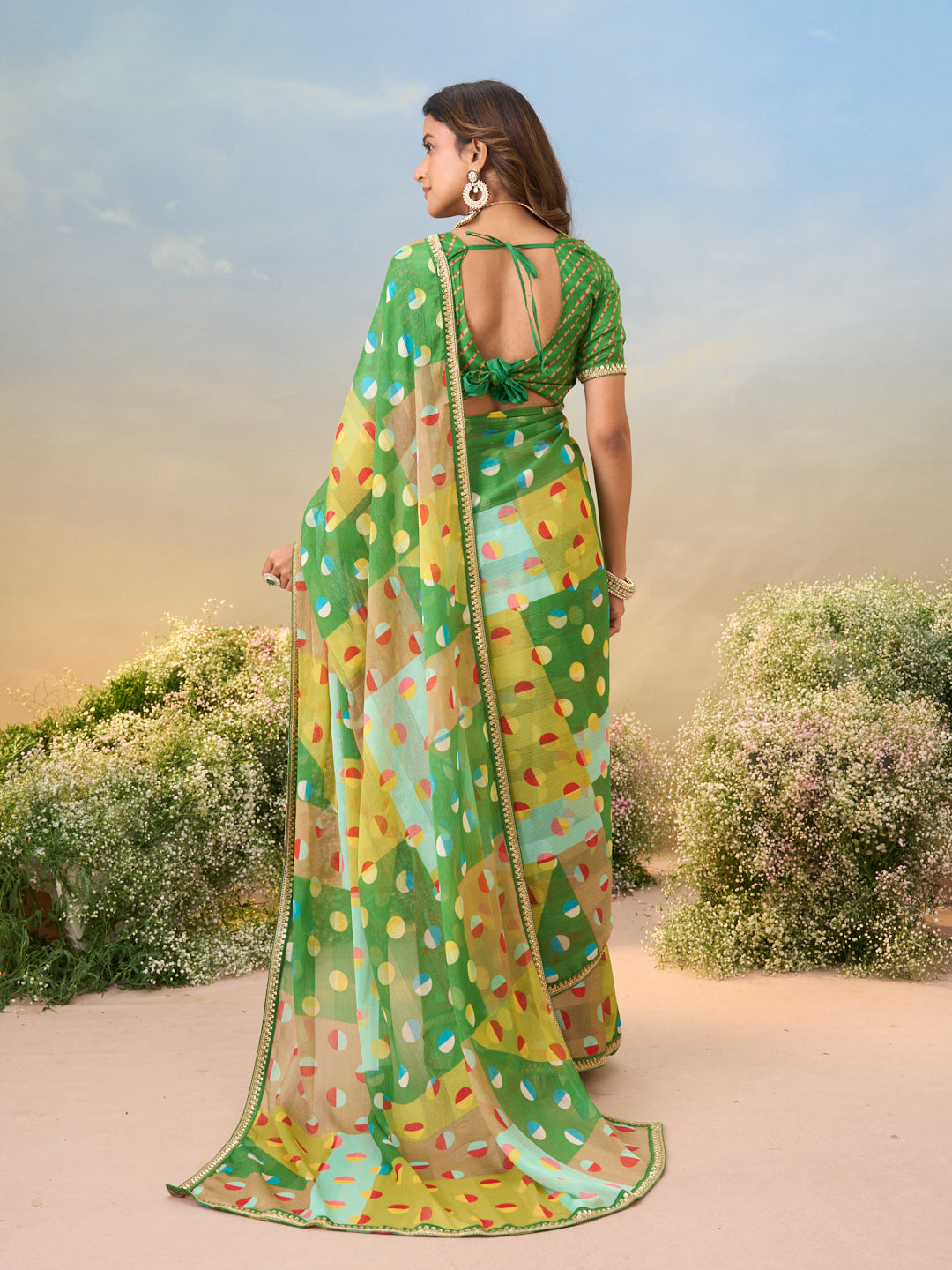 Laxmipati Anaya Green Chiffon Saree with Geometric Prints