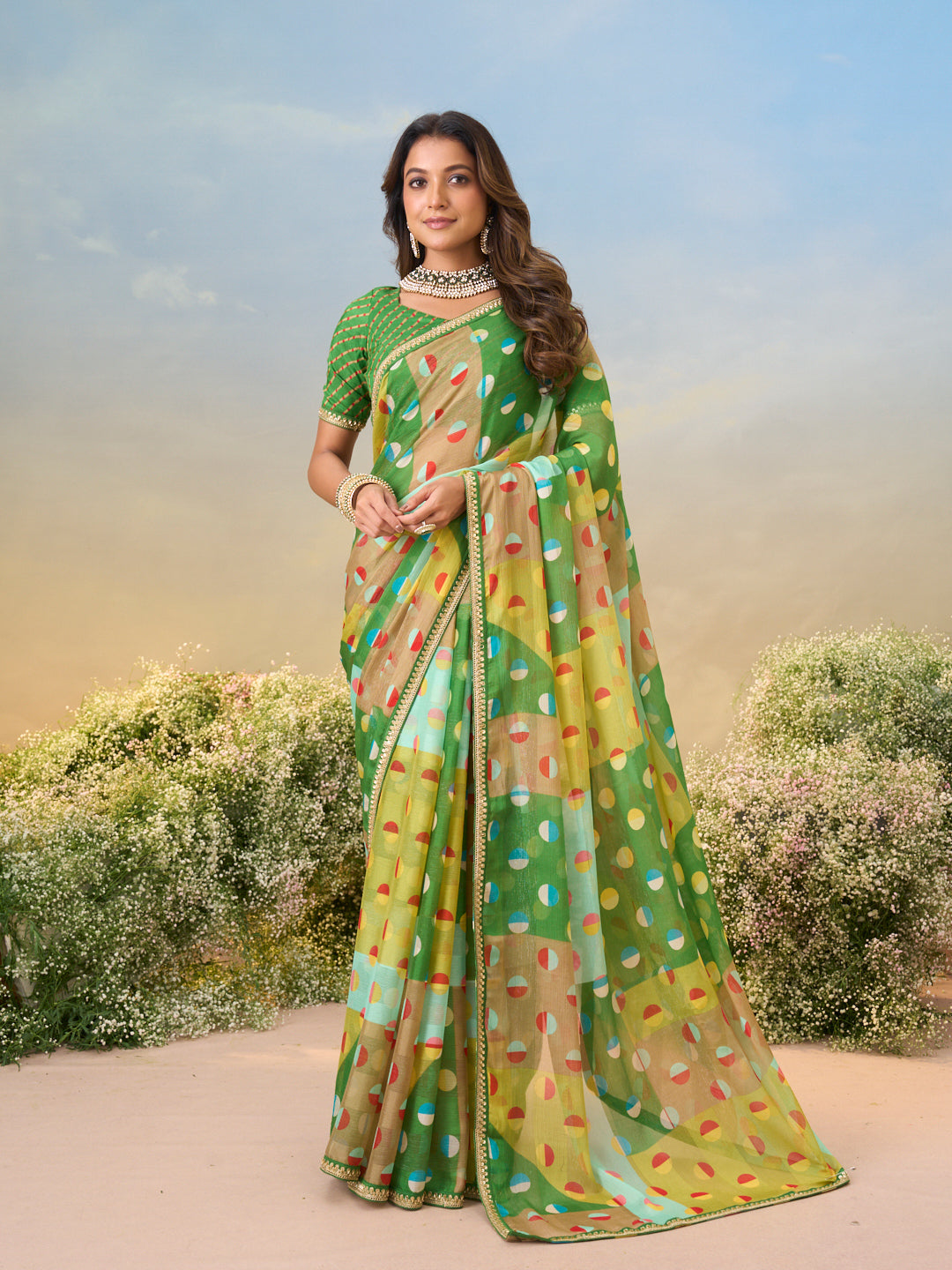 Laxmipati Anaya Green Chiffon Saree with Geometric Prints