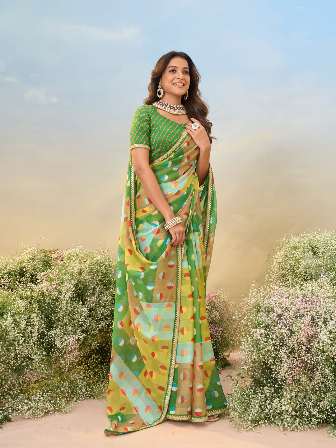 Laxmipati Anaya Green Chiffon Saree with Geometric Prints