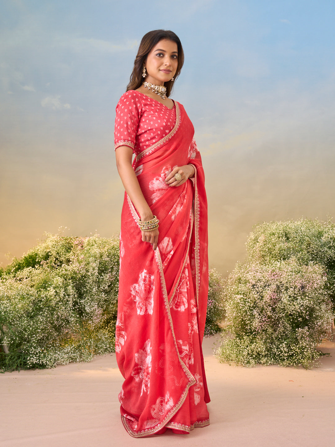 Laxmipati Anaya Red Chiffon Saree with Floral Prints
