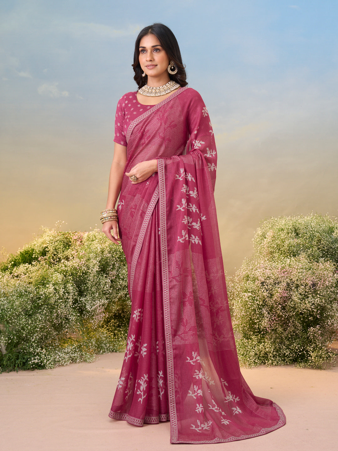 Laxmipati Anaya Wine Floral Printed Saree with Foil Work