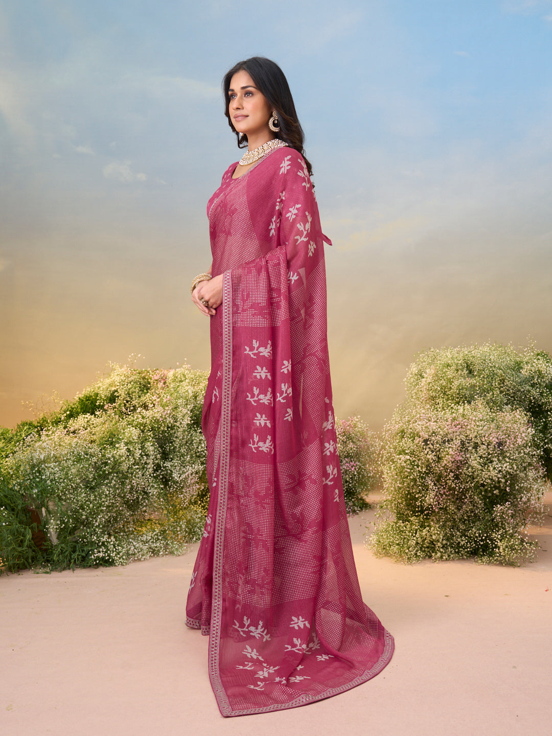 Laxmipati Anaya Wine Floral Printed Saree with Foil Work