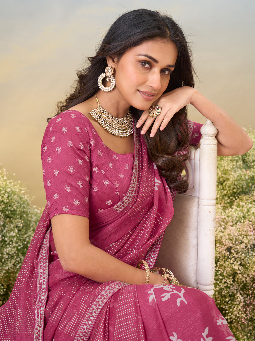 Laxmipati Anaya Wine Floral Printed Saree with Foil Work