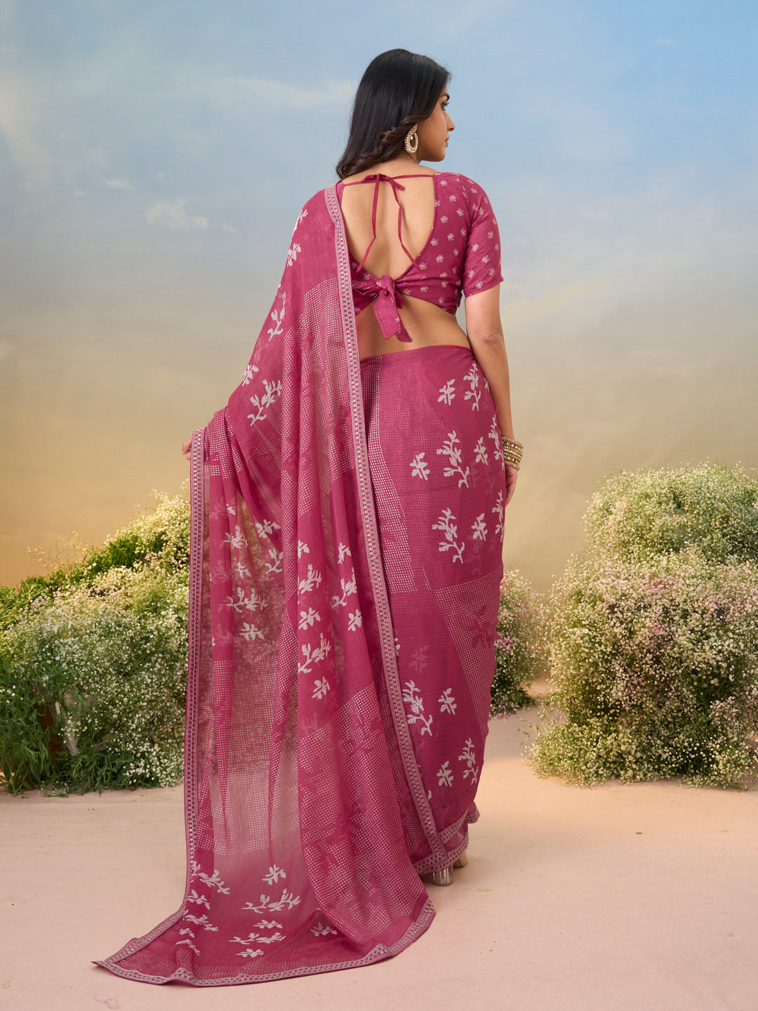 Laxmipati Anaya Wine Floral Printed Saree with Foil Work
