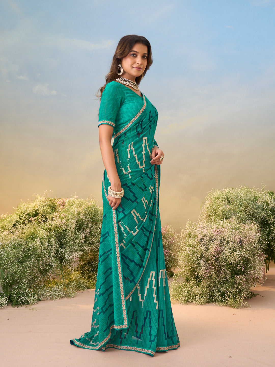 Laxmipati Anaya Teal Green Georgette Saree with Geometric Prints