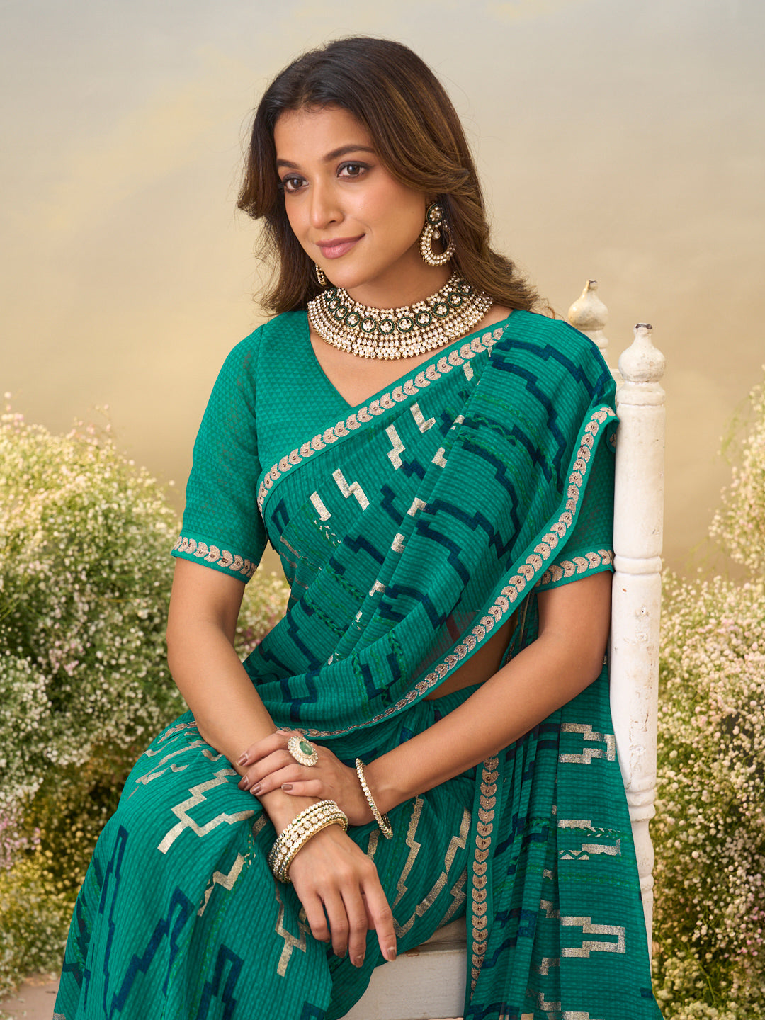 Laxmipati Anaya Teal Green Georgette Saree with Geometric Prints