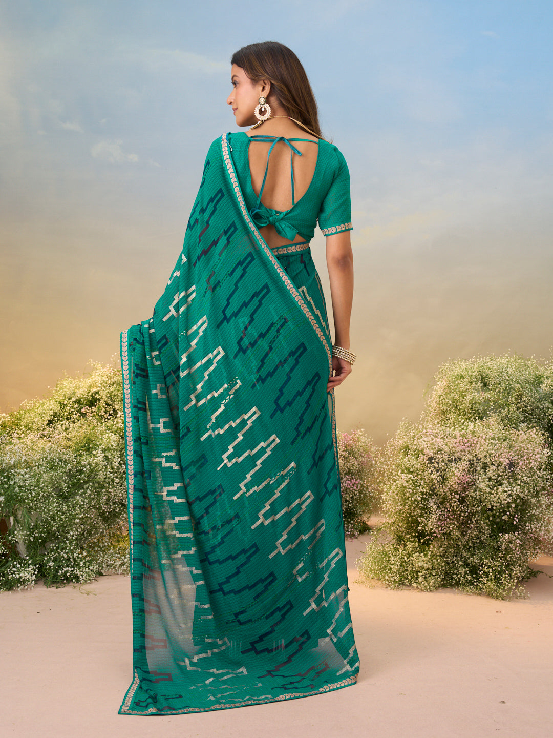 Laxmipati Anaya Teal Green Georgette Saree with Geometric Prints