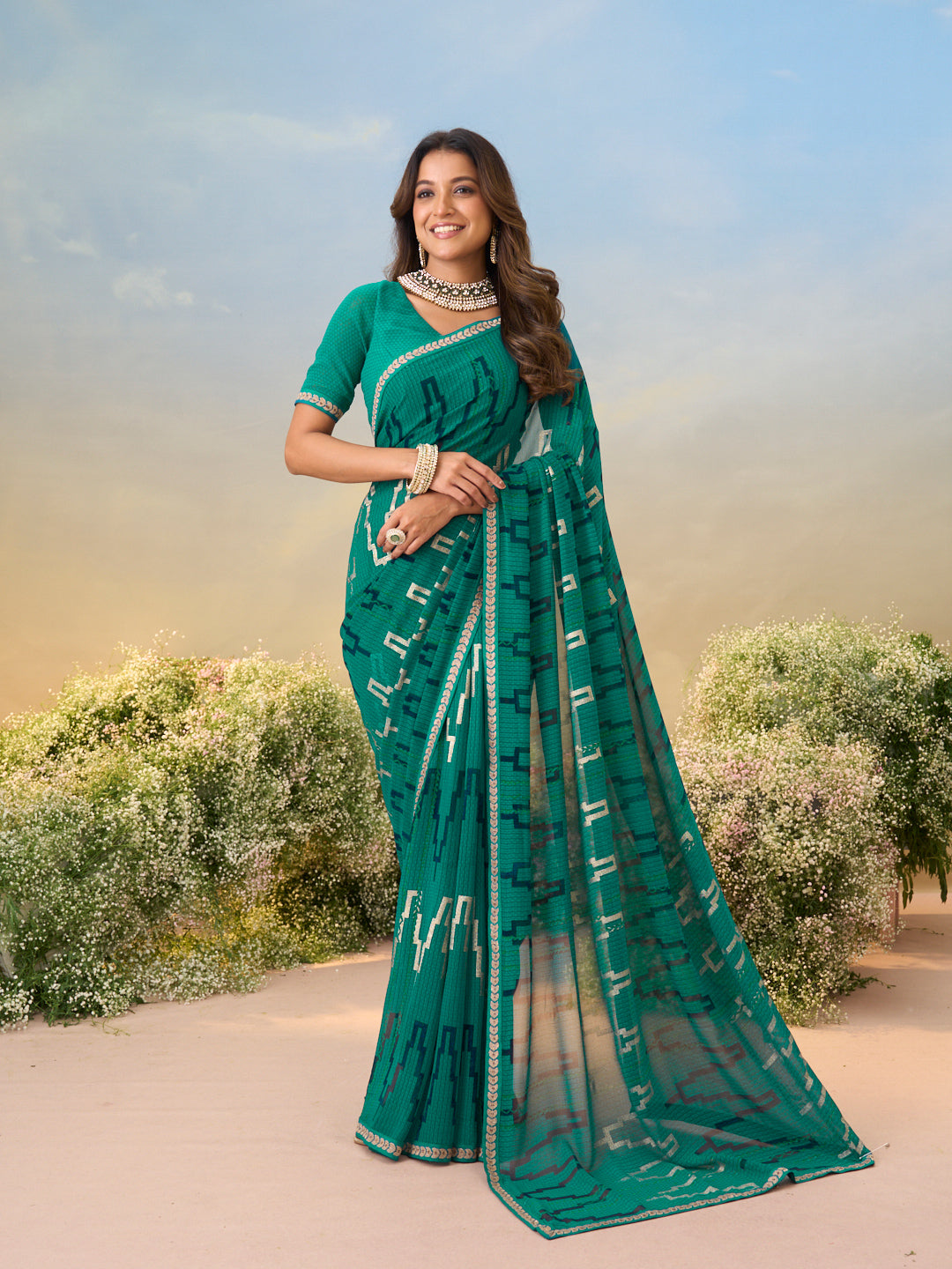 Laxmipati Anaya Teal Green Georgette Saree with Geometric Prints