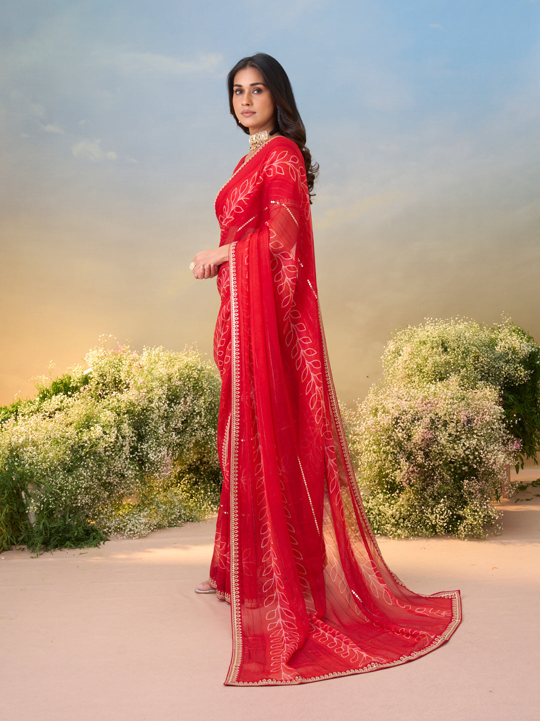 Laxmipati Anaya Red Chiffon Saree with Floral Prints