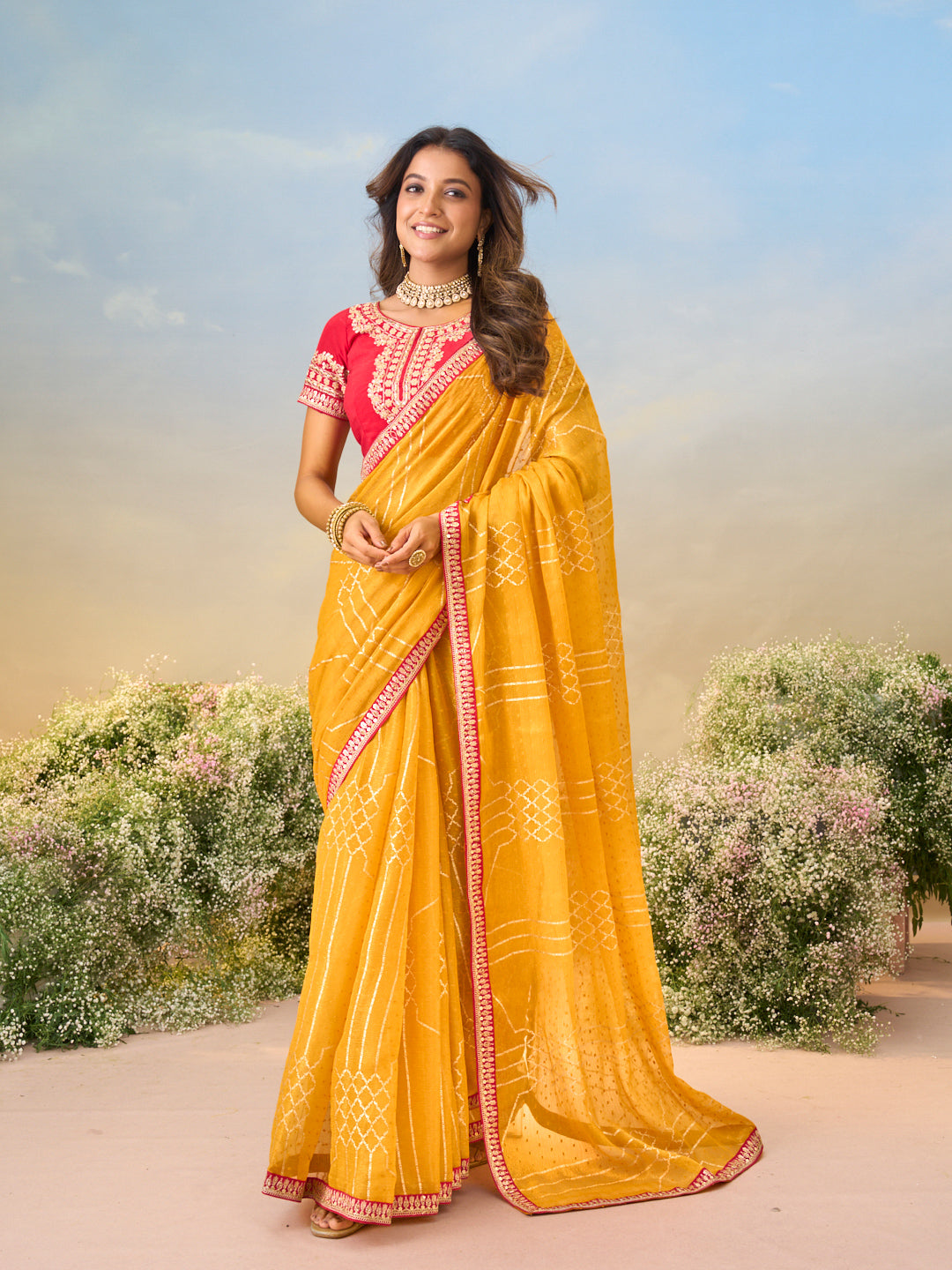 Laxmipati Anaya Mustard Chiffon Saree with Geometric Foil Work