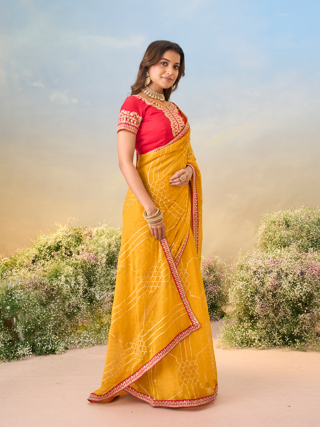 Laxmipati Anaya Mustard Chiffon Saree with Geometric Foil Work