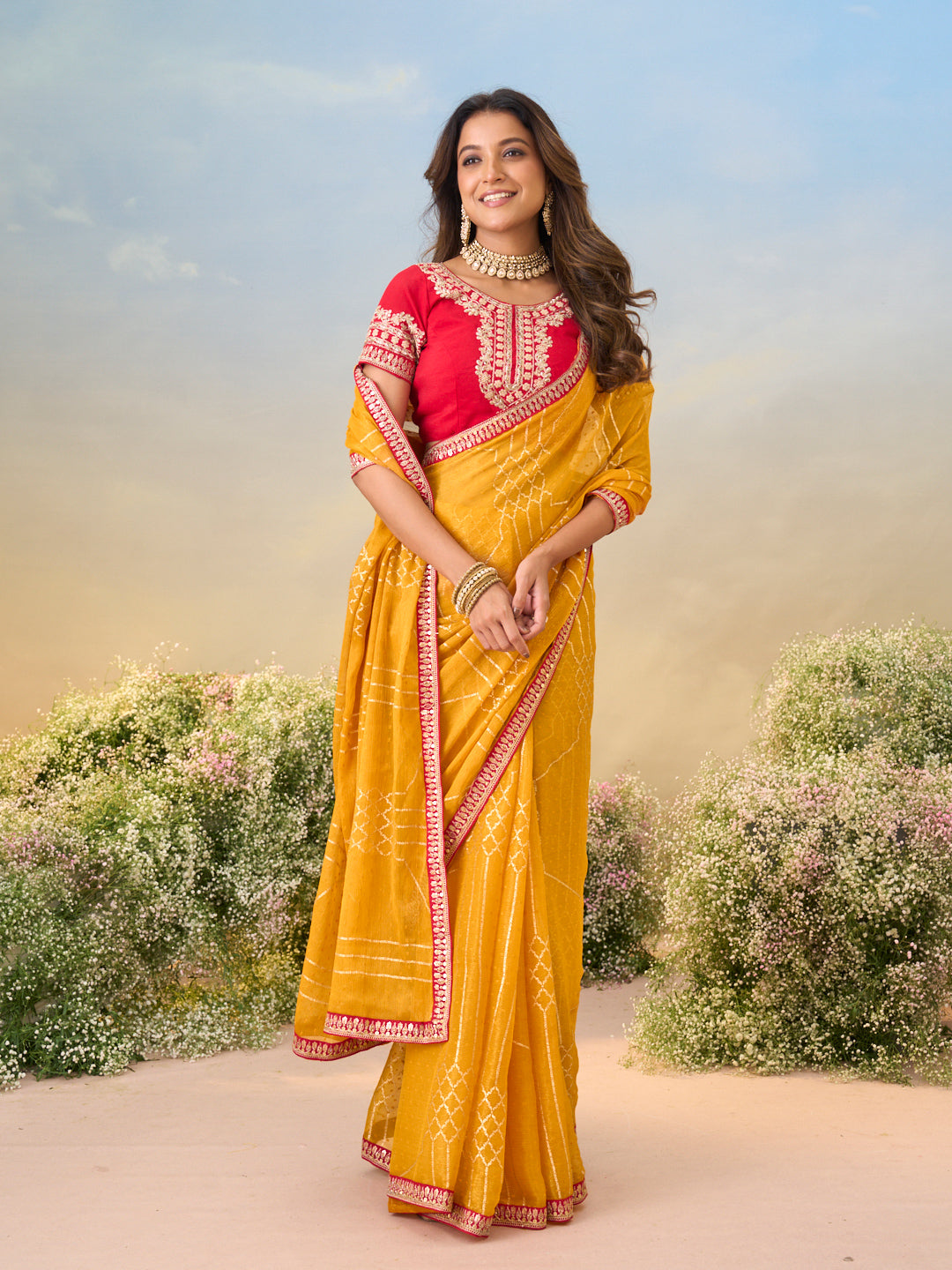 Laxmipati Anaya Mustard Chiffon Saree with Geometric Foil Work