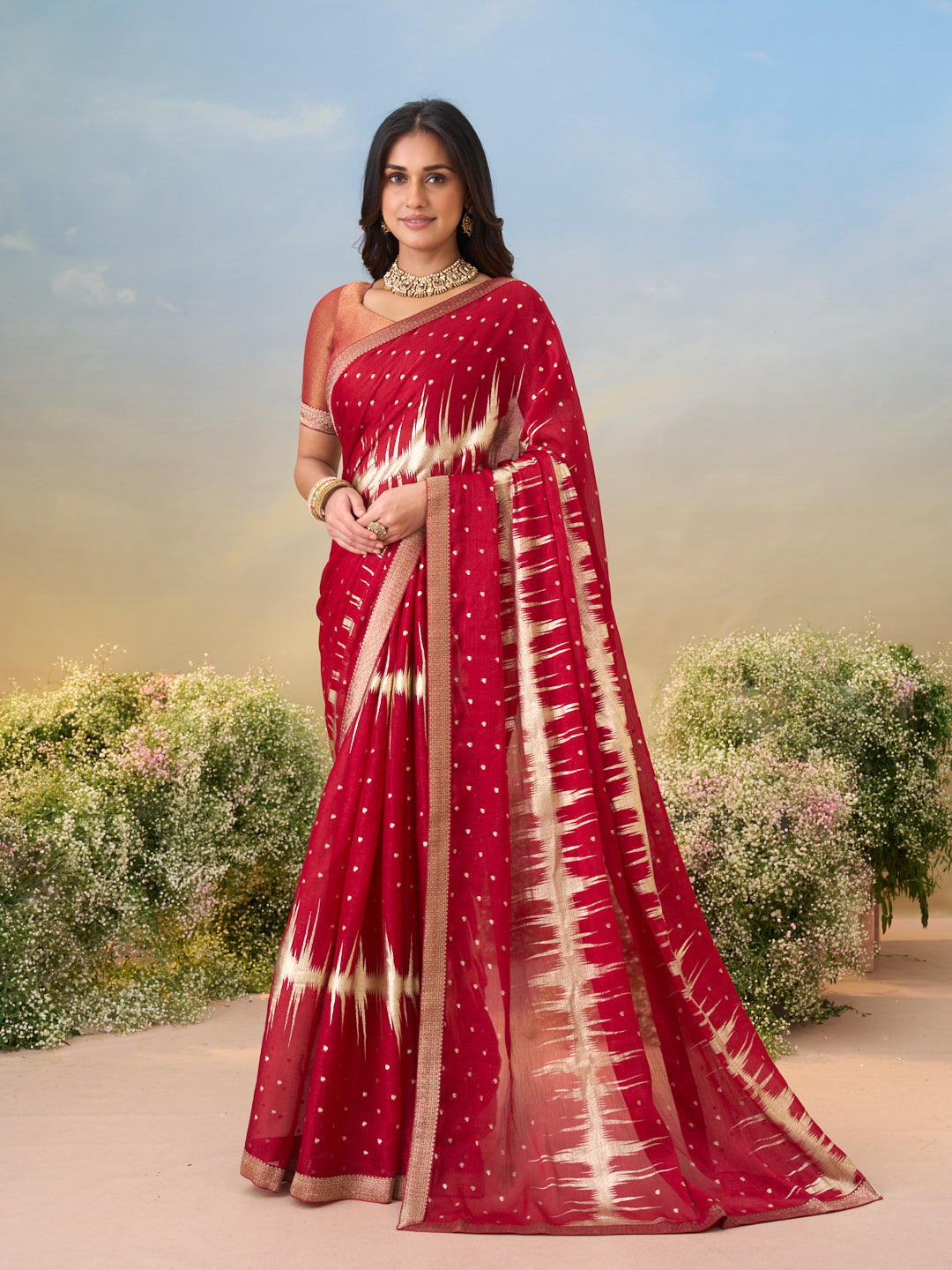 Laxmipati Anaya Maroon Silk Saree with Geometric Foil Work