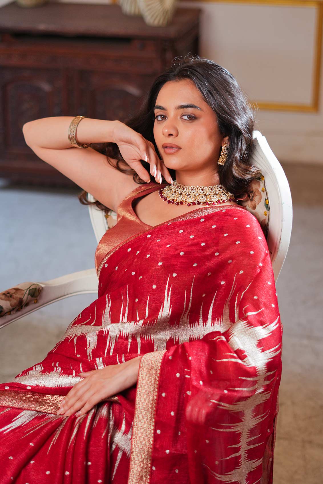 Laxmipati Anaya Maroon Silk Saree with Geometric Foil Work