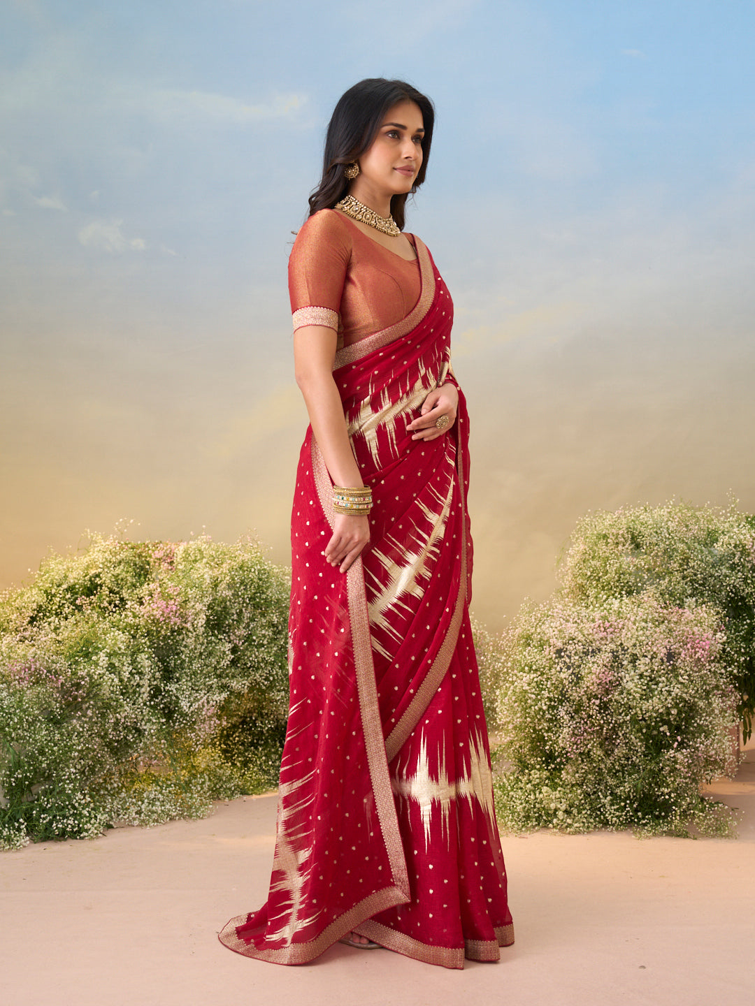 Laxmipati Anaya Maroon Silk Saree with Geometric Foil Work