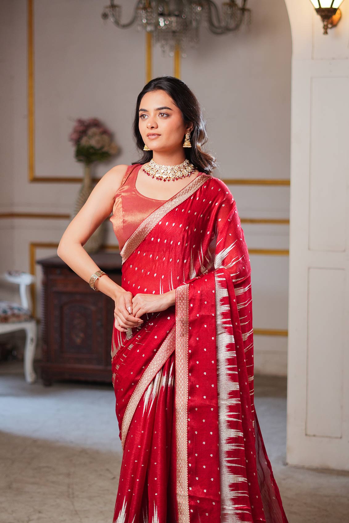 Laxmipati Anaya Maroon Silk Saree with Geometric Foil Work