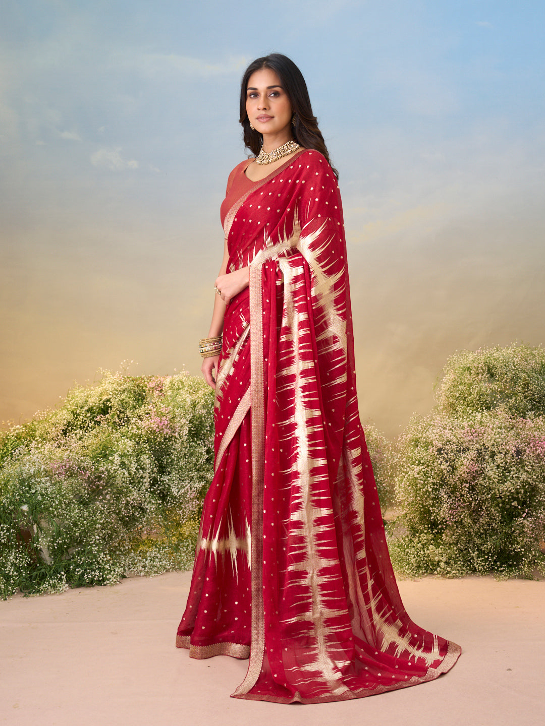 Laxmipati Anaya Maroon Silk Saree with Geometric Foil Work