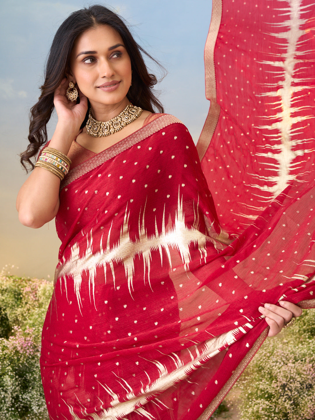 Laxmipati Anaya Maroon Silk Saree with Geometric Foil Work