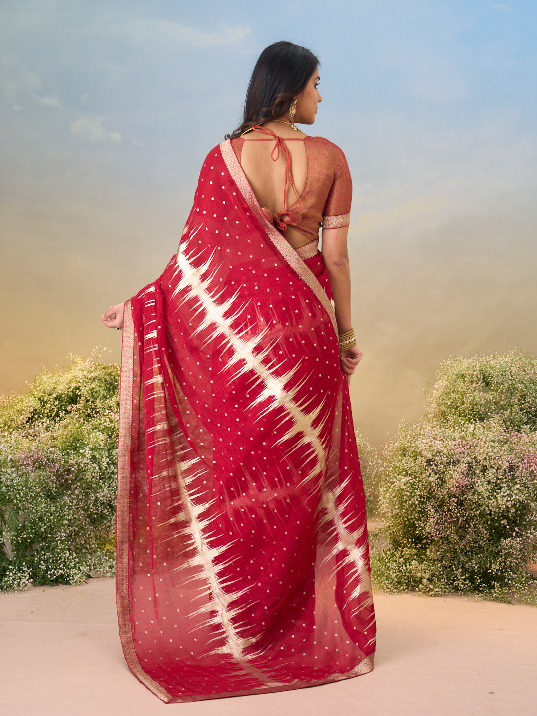Laxmipati Anaya Maroon Silk Saree with Geometric Foil Work