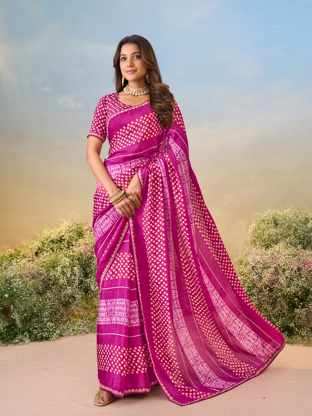 Laxmipati Anaya Pink Silk saree with Bandhani Print