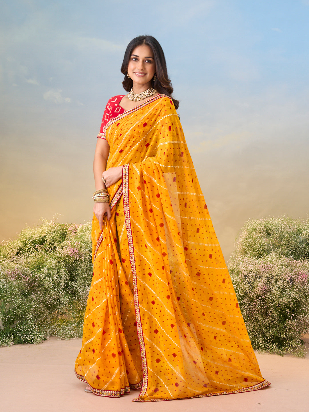 Laxmipati Anaya Mustard Georgette Saree with Bandhani Print