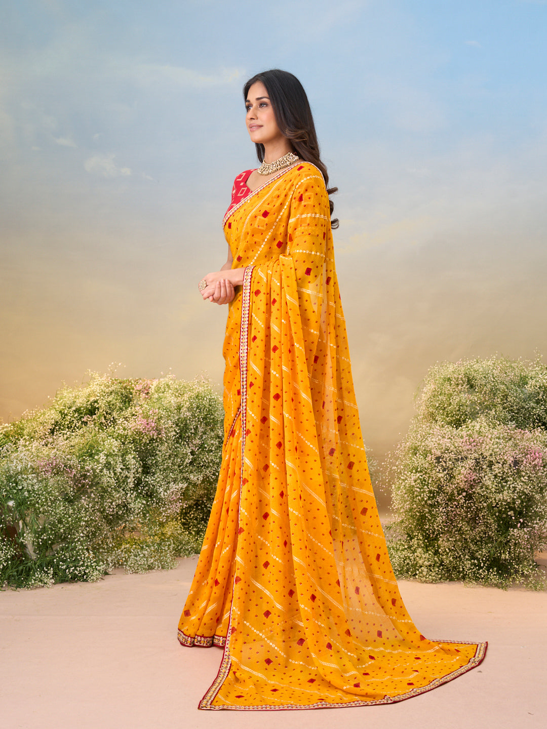 Laxmipati Anaya Mustard Georgette Saree with Bandhani Print