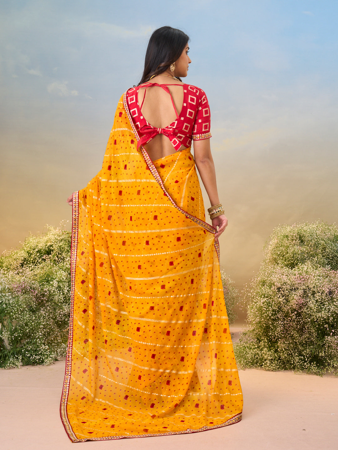 Laxmipati Anaya Mustard Georgette Saree with Bandhani Print