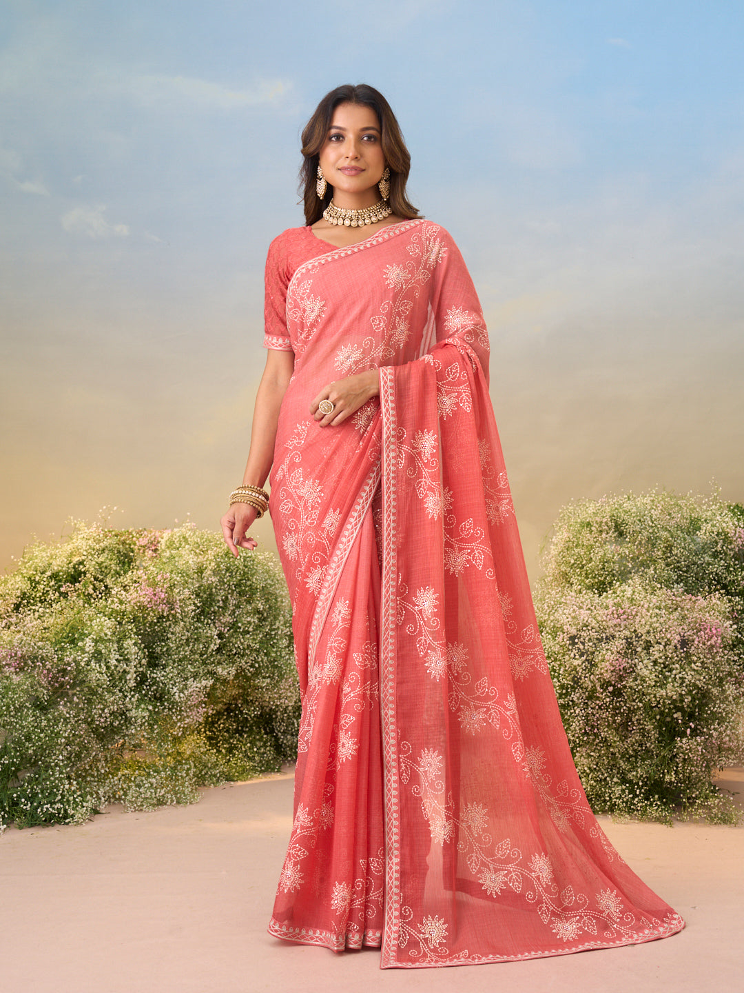 Laxmipati Anaya Peach Chiffon Saree with Floral Print