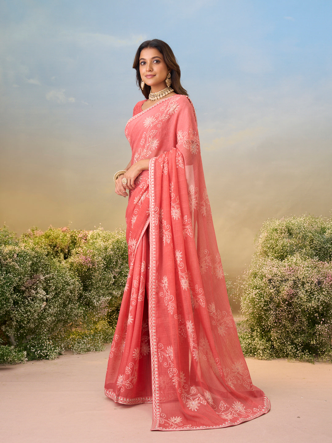 Laxmipati Anaya Peach Chiffon Saree with Floral Print